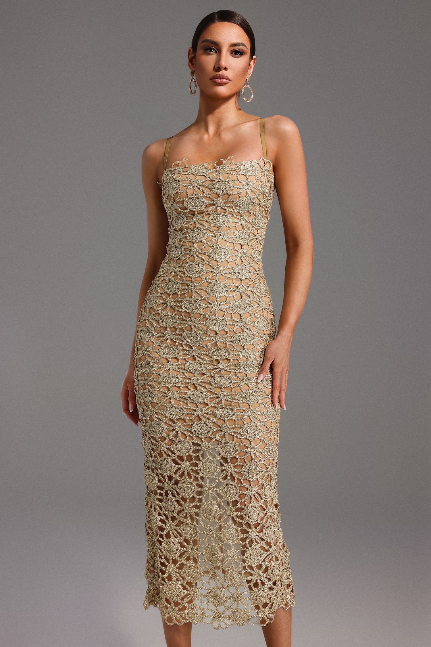 Lusaria – Floral lace detail – Midi dress-10199105536327-Ivory Ombre