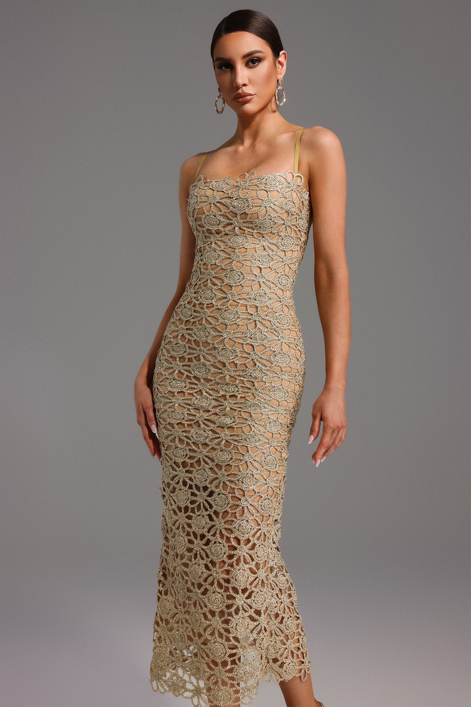 Lusaria – Floral lace detail – Midi dress-10199105536327-Ivory Ombre