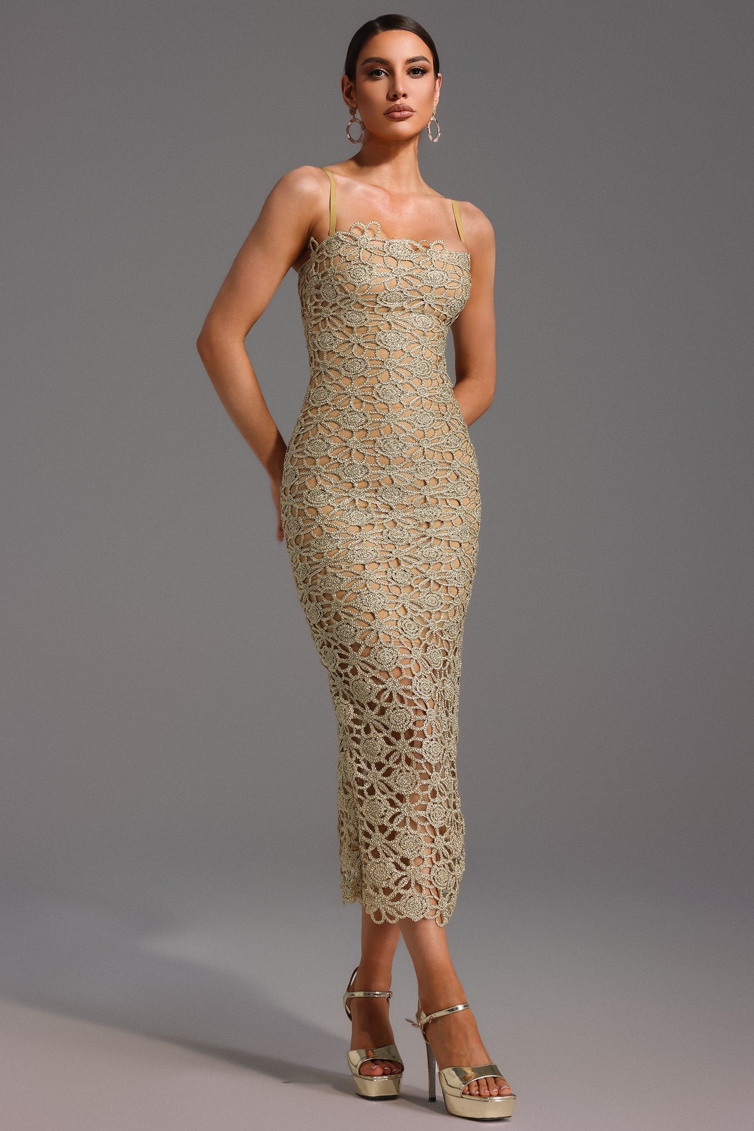 Lusaria – Floral lace detail – Midi dress-10199105536327-Ivory Ombre