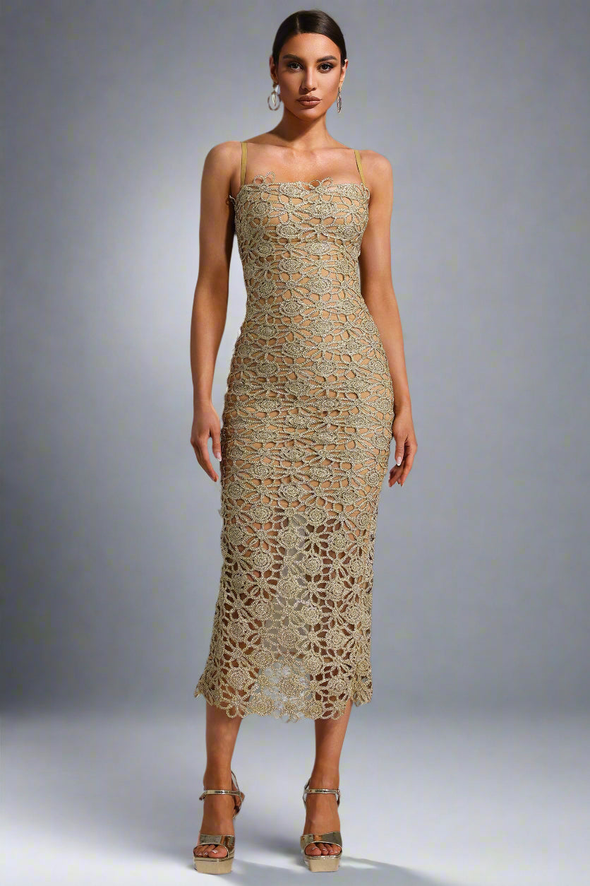 Lusaria – Floral lace detail – Midi dress-10199105536327-Ivory Ombre