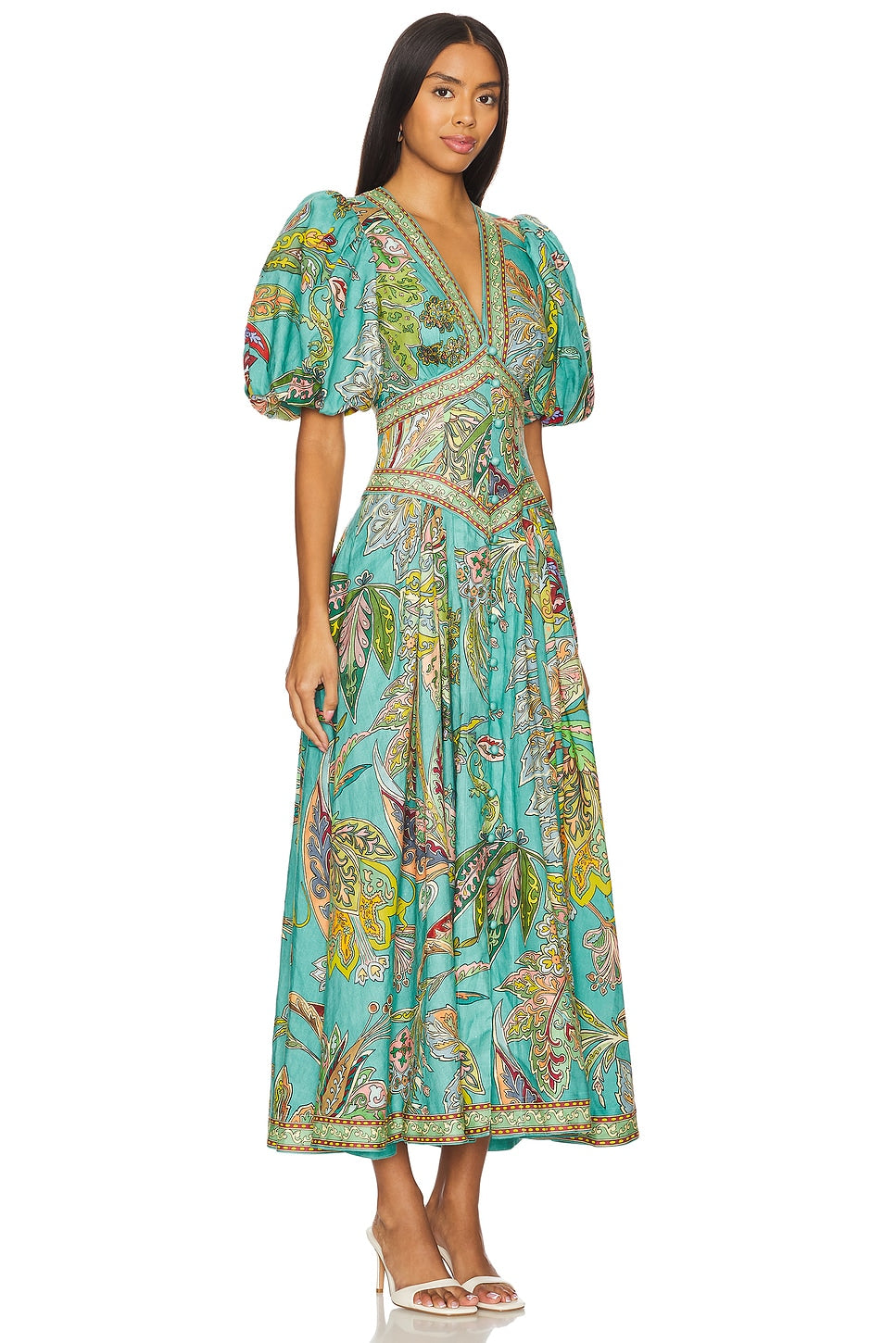 Maelisor – Bohemian paisley – Puff sleeve midi dress-10196521681223-Ivory Ombre