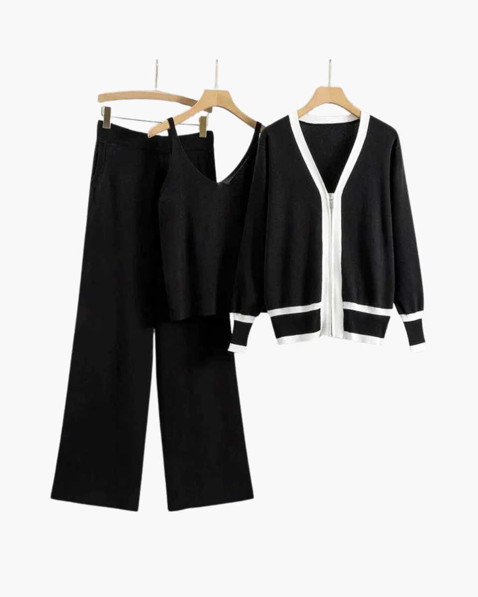 Marguerite – V-neck zip-up cardigan – Three-piece knit set-10174756028743-Ivory Ombre