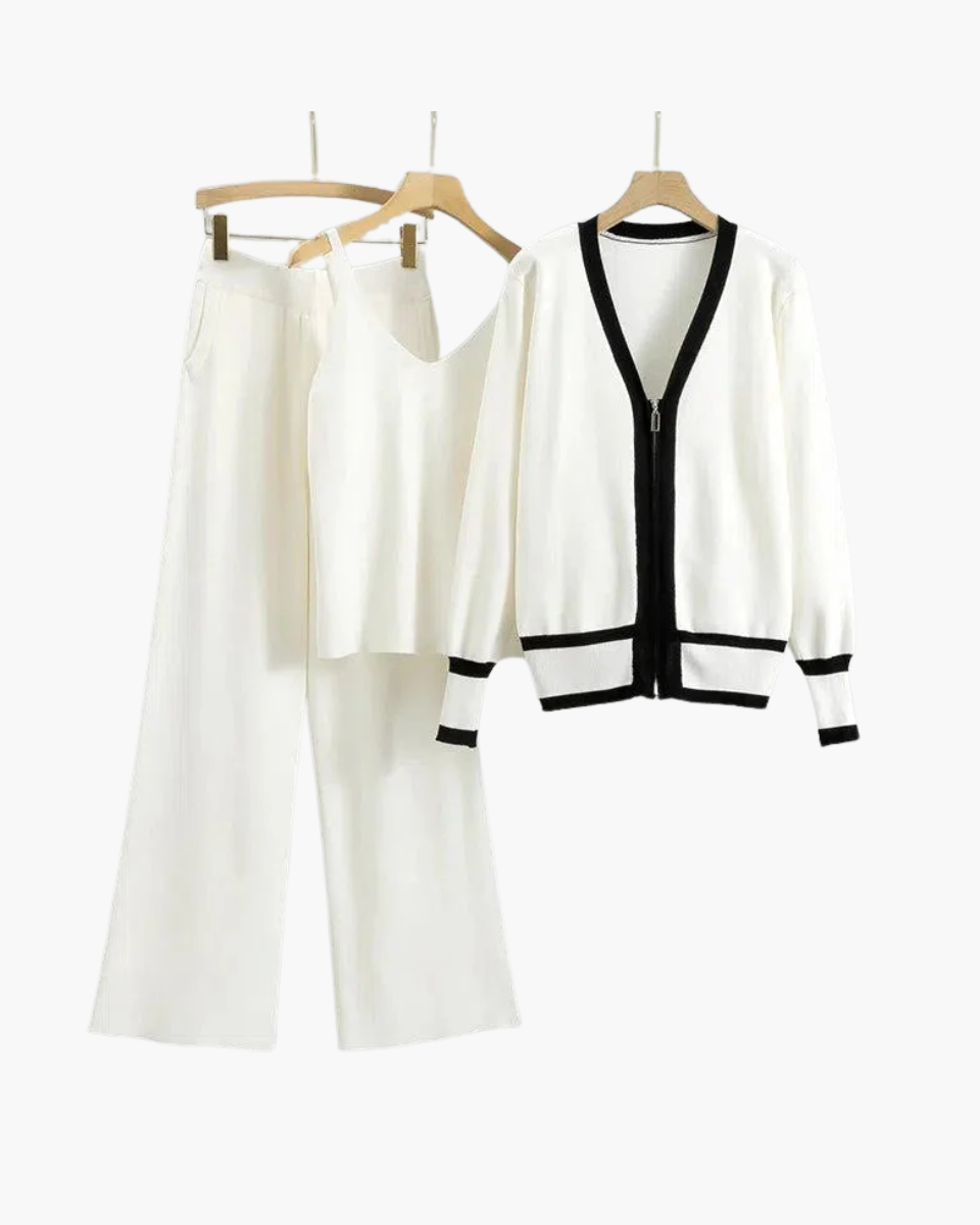 Marguerite – V-neck zip-up cardigan – Three-piece knit set-10174756028743-Ivory Ombre