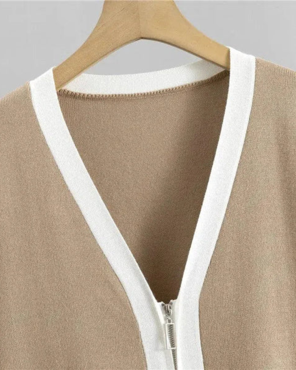 Marguerite – V-neck zip-up cardigan – Three-piece knit set-10174756028743-Ivory Ombre
