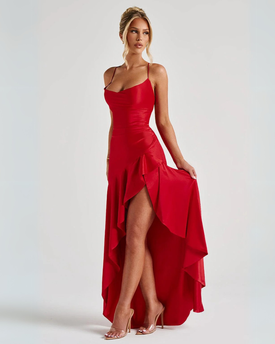 Marisella – Cascading hem – Satin evening dress-10174724735303-Ivory Ombre