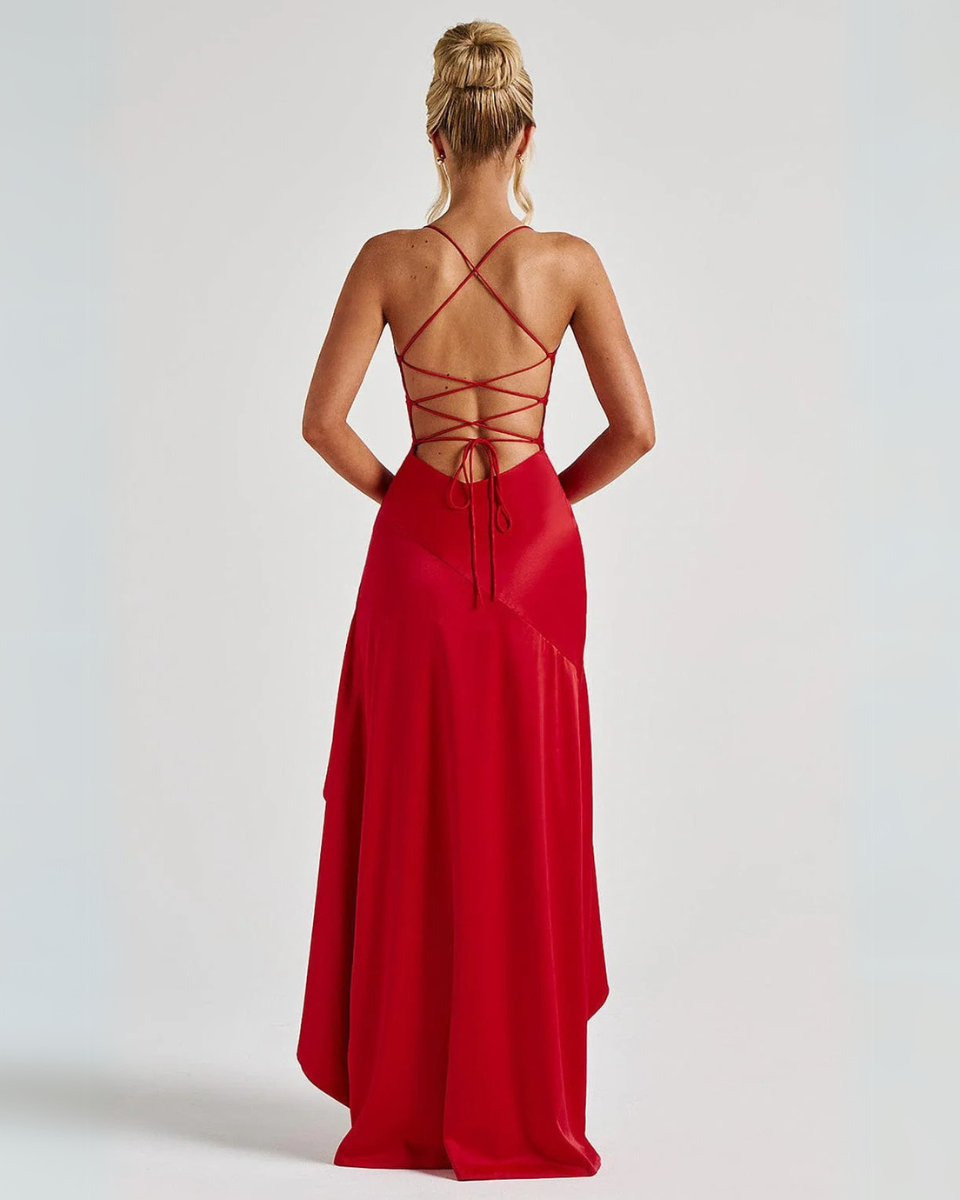 Marisella – Cascading hem – Satin evening dress-10174724735303-Ivory Ombre
