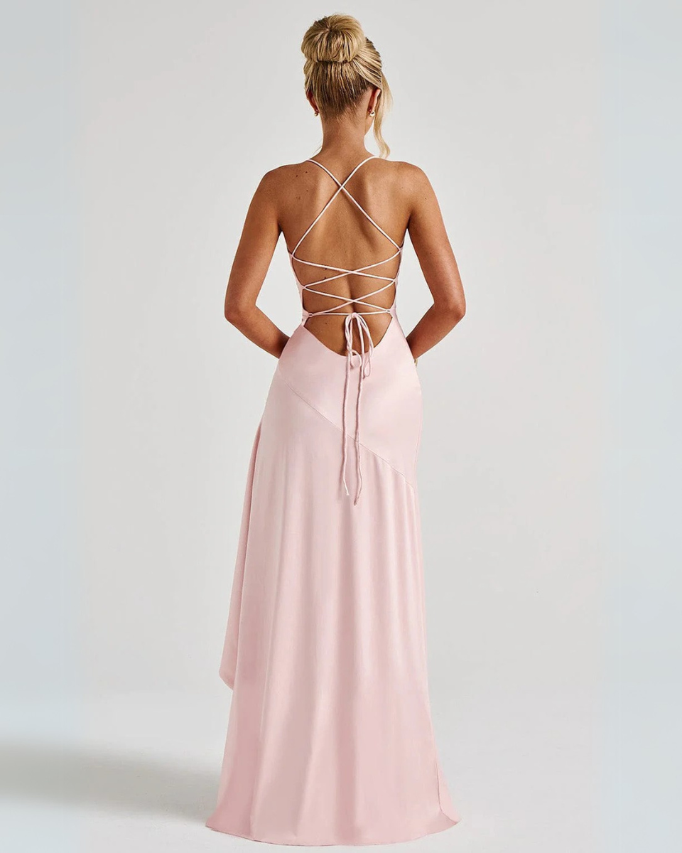 Marisella – Cascading hem – Satin evening dress-10174724735303-Ivory Ombre