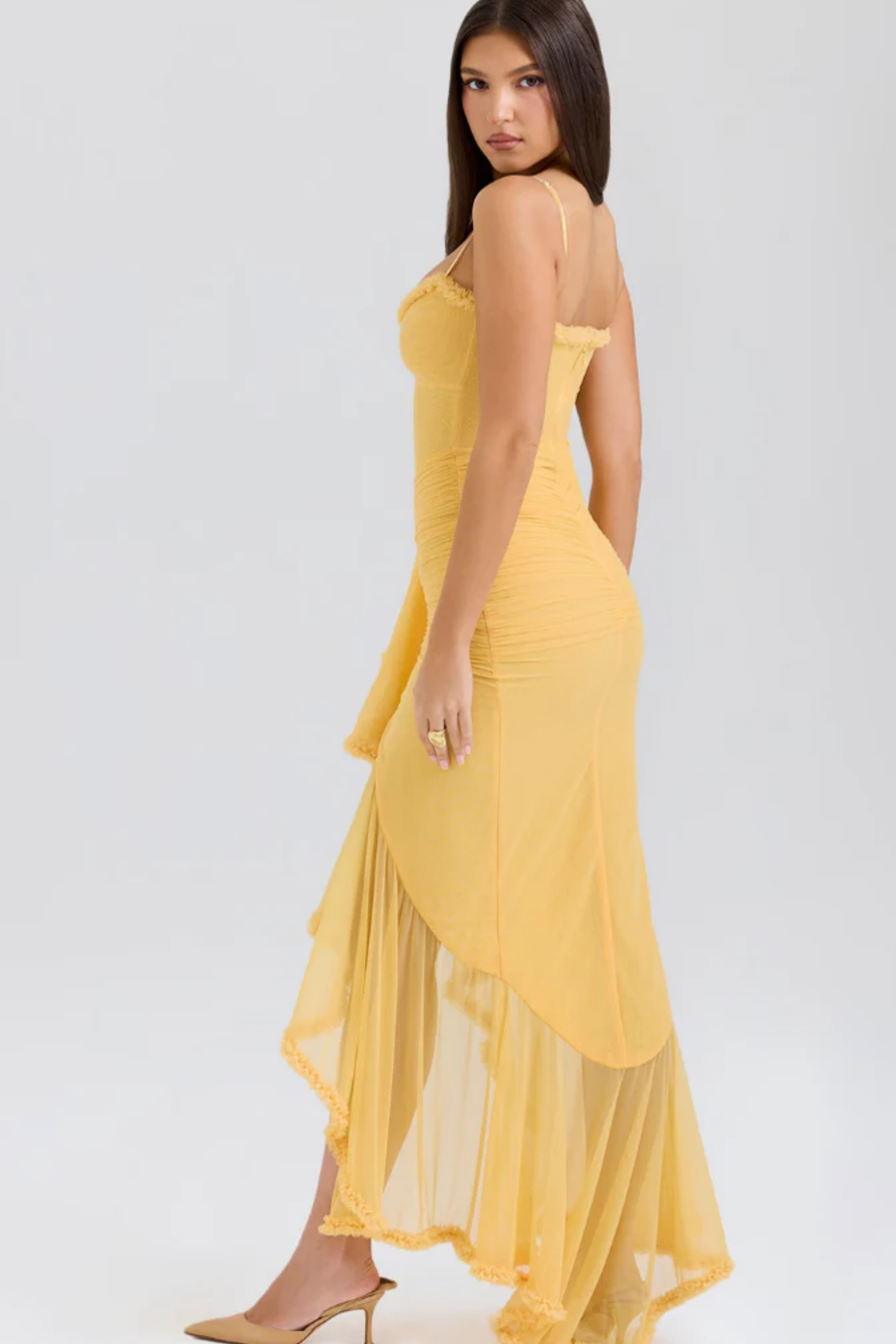 Mariselle – Ruffled drape – Mesh corset gown-10174863475015-Ivory Ombre
