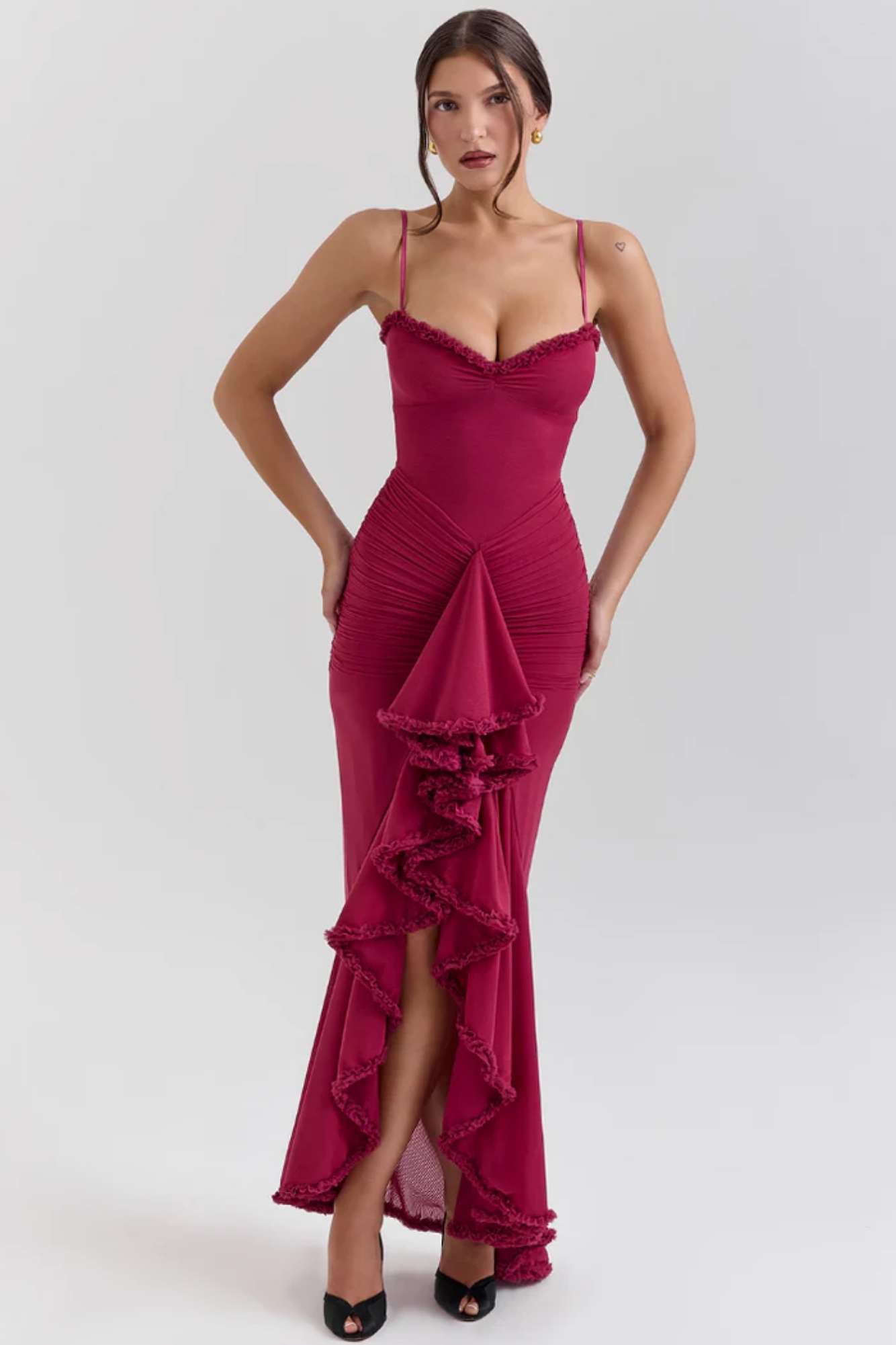 Mariselle – Ruffled drape – Mesh corset gown-10174863475015-Ivory Ombre