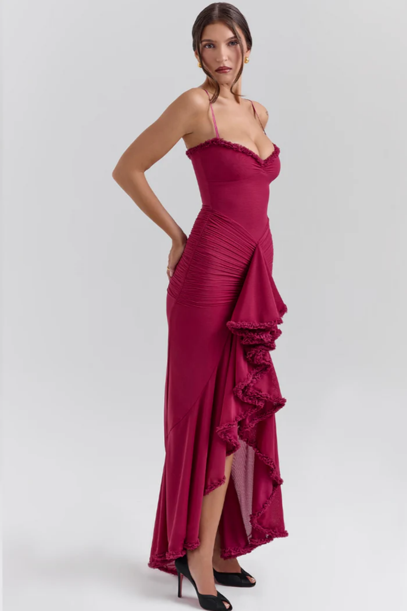 Mariselle – Ruffled drape – Mesh corset gown-10174863475015-Ivory Ombre