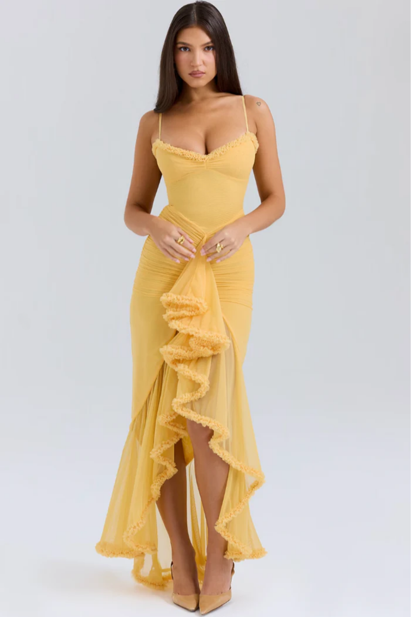 Mariselle – Ruffled drape – Mesh corset gown-10174863475015-Ivory Ombre