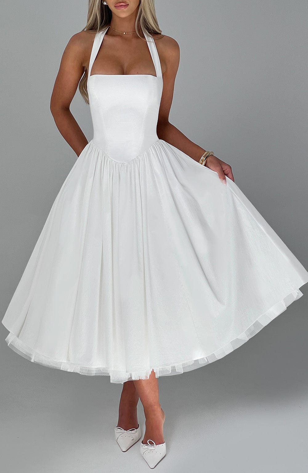 Monétine – Lace-up corset detail – Midi dress-10174742856007-Ivory Ombre