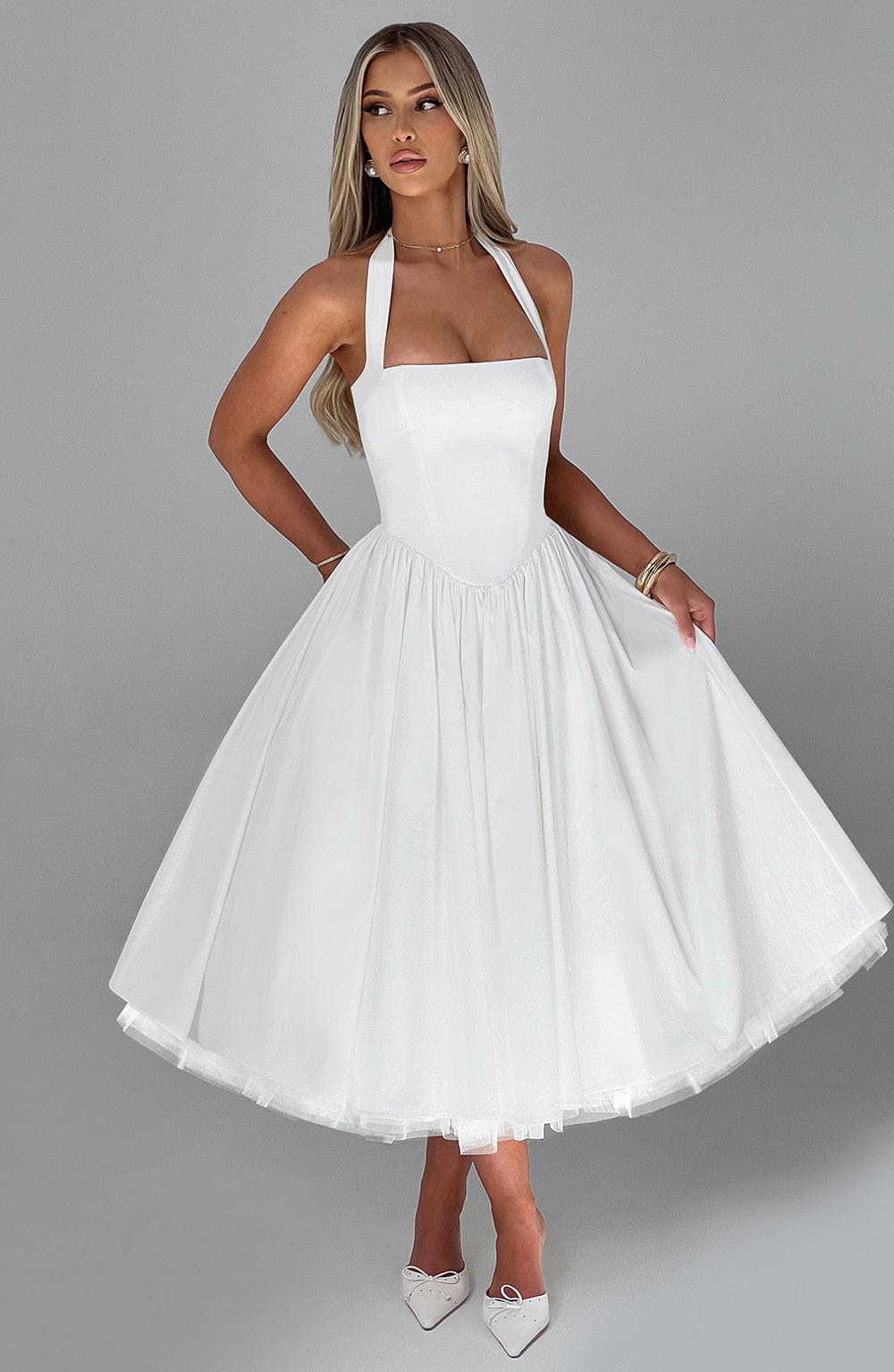 Monétine – Lace-up corset detail – Midi dress-10174742856007-Ivory Ombre