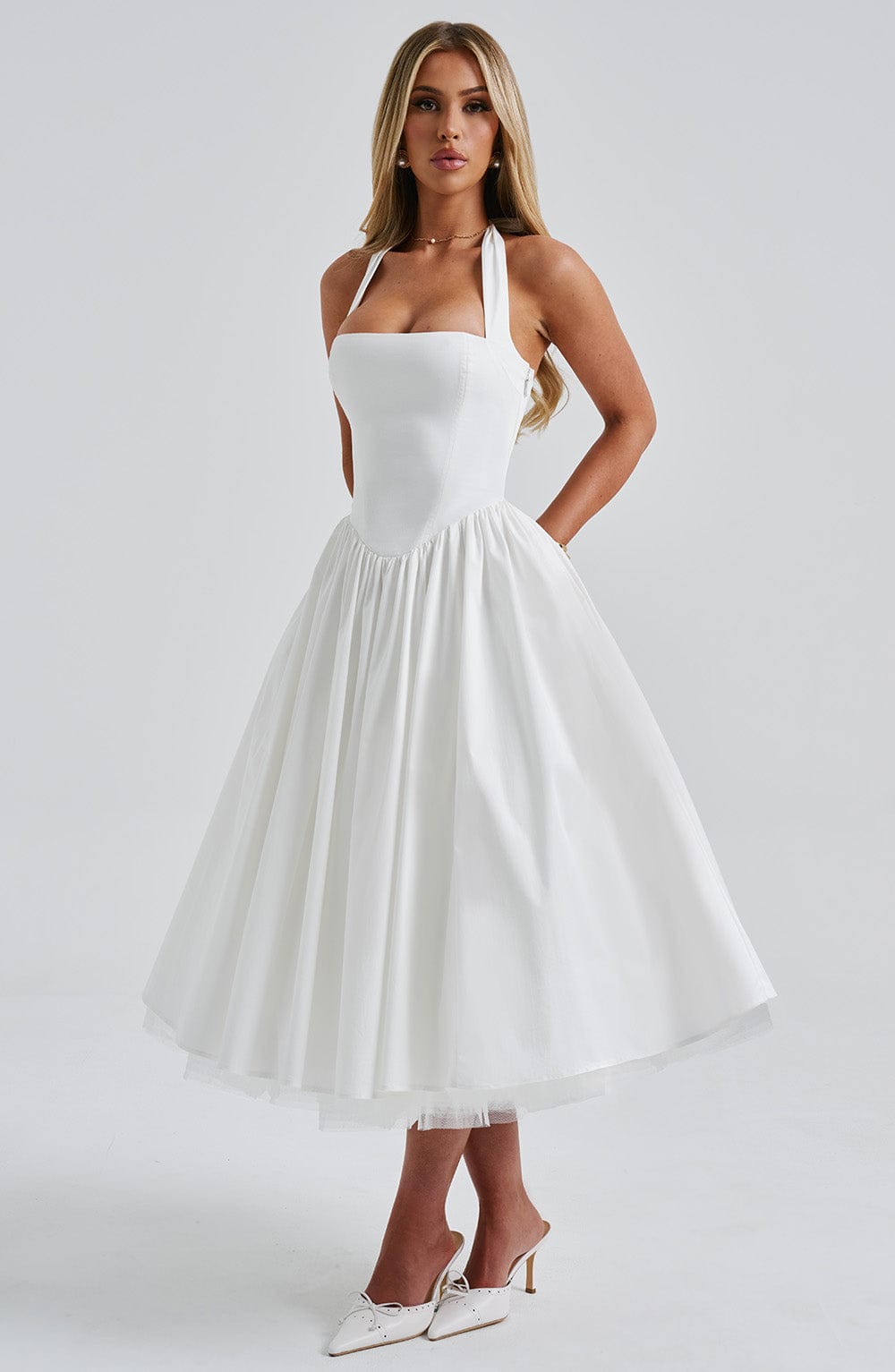 Monétine – Lace-up corset detail – Midi dress-10174742856007-Ivory Ombre
