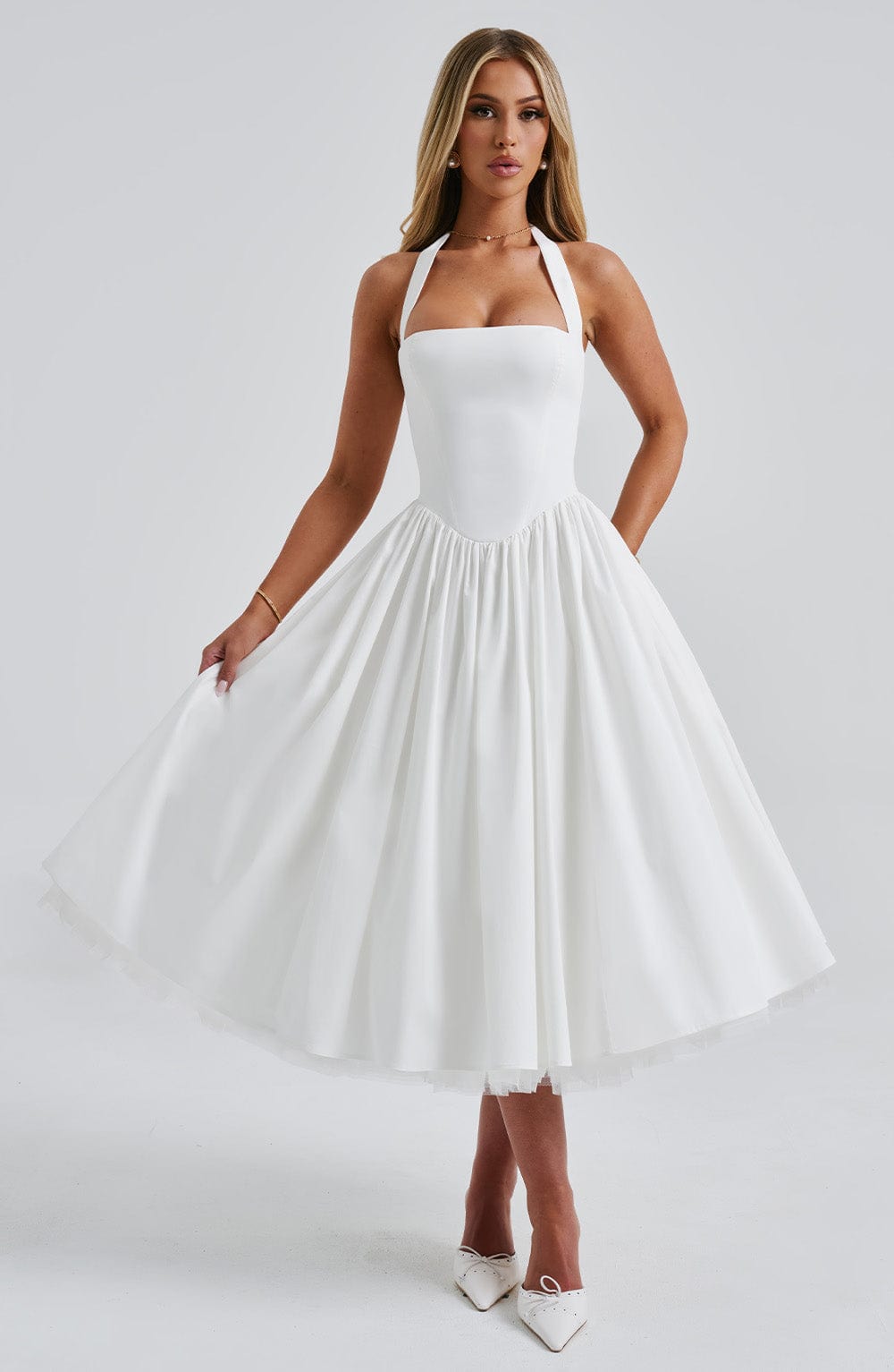 Monétine – Lace-up corset detail – Midi dress-10174742856007-Ivory Ombre