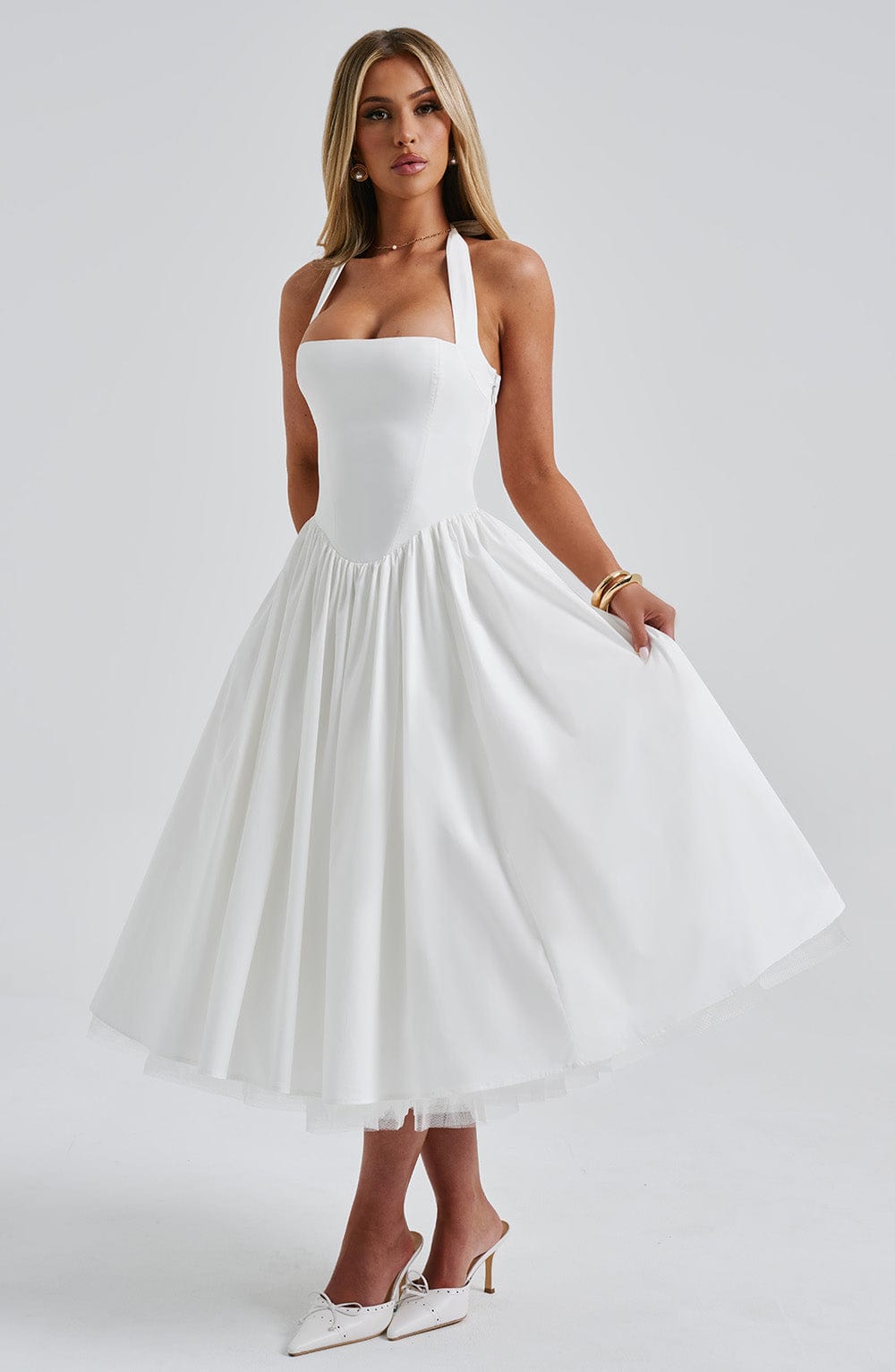 Monétine – Lace-up corset detail – Midi dress-10174742856007-Ivory Ombre