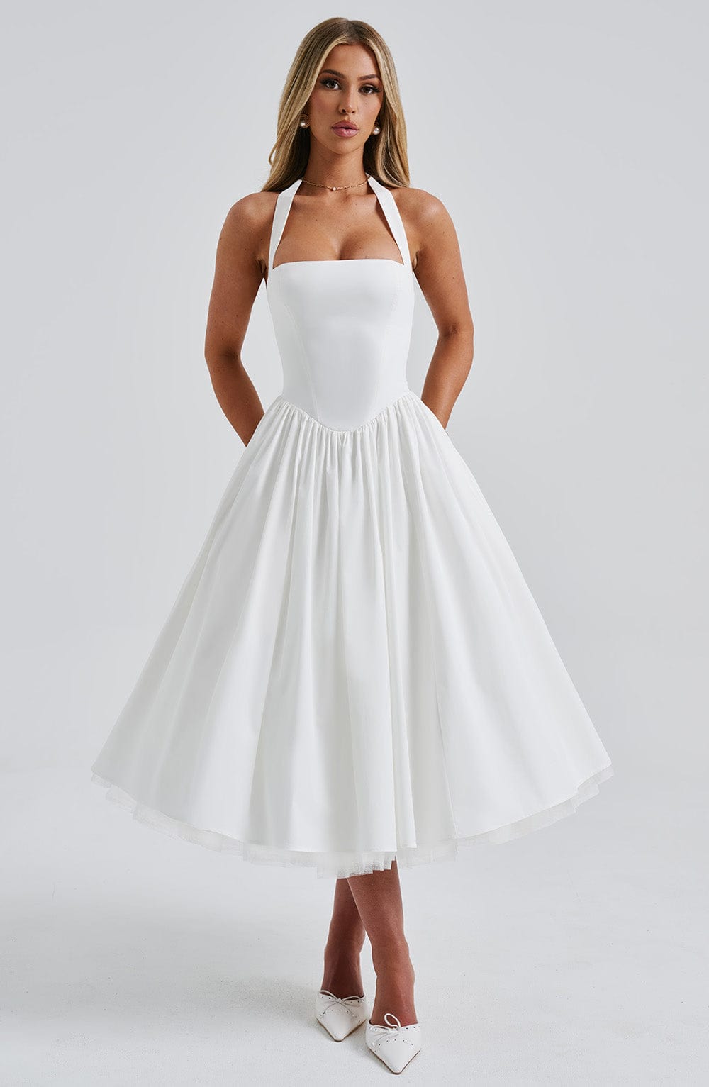 Monétine – Lace-up corset detail – Midi dress-10174742856007-Ivory Ombre