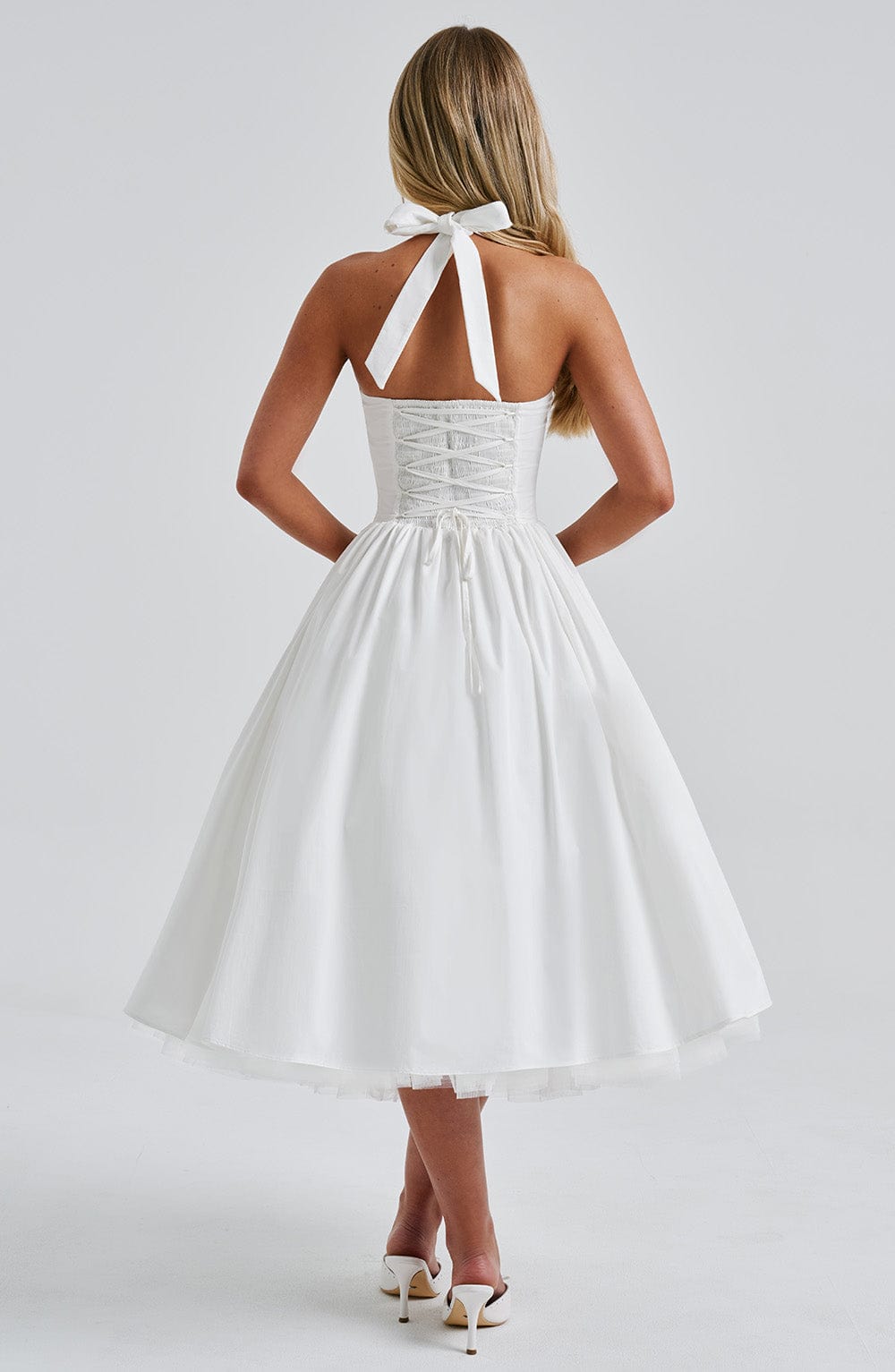 Monétine – Lace-up corset detail – Midi dress-10174742856007-Ivory Ombre