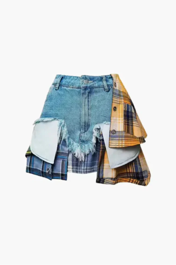 Monica – Plaid panels – Layered denim mini skirt-10174843552071-Ivory Ombre