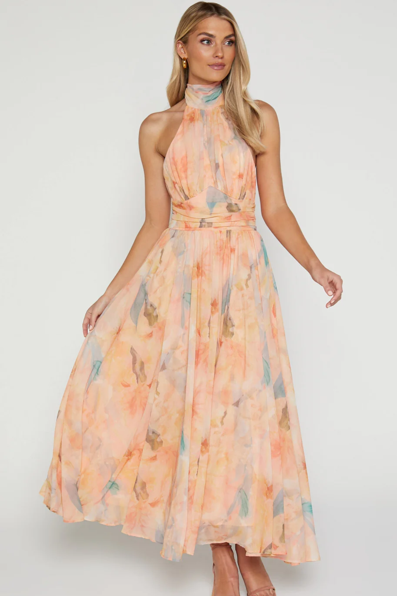 Noevienne – Watercolour print – Halterneck maxi dress-10195576521031-Ivory Ombre