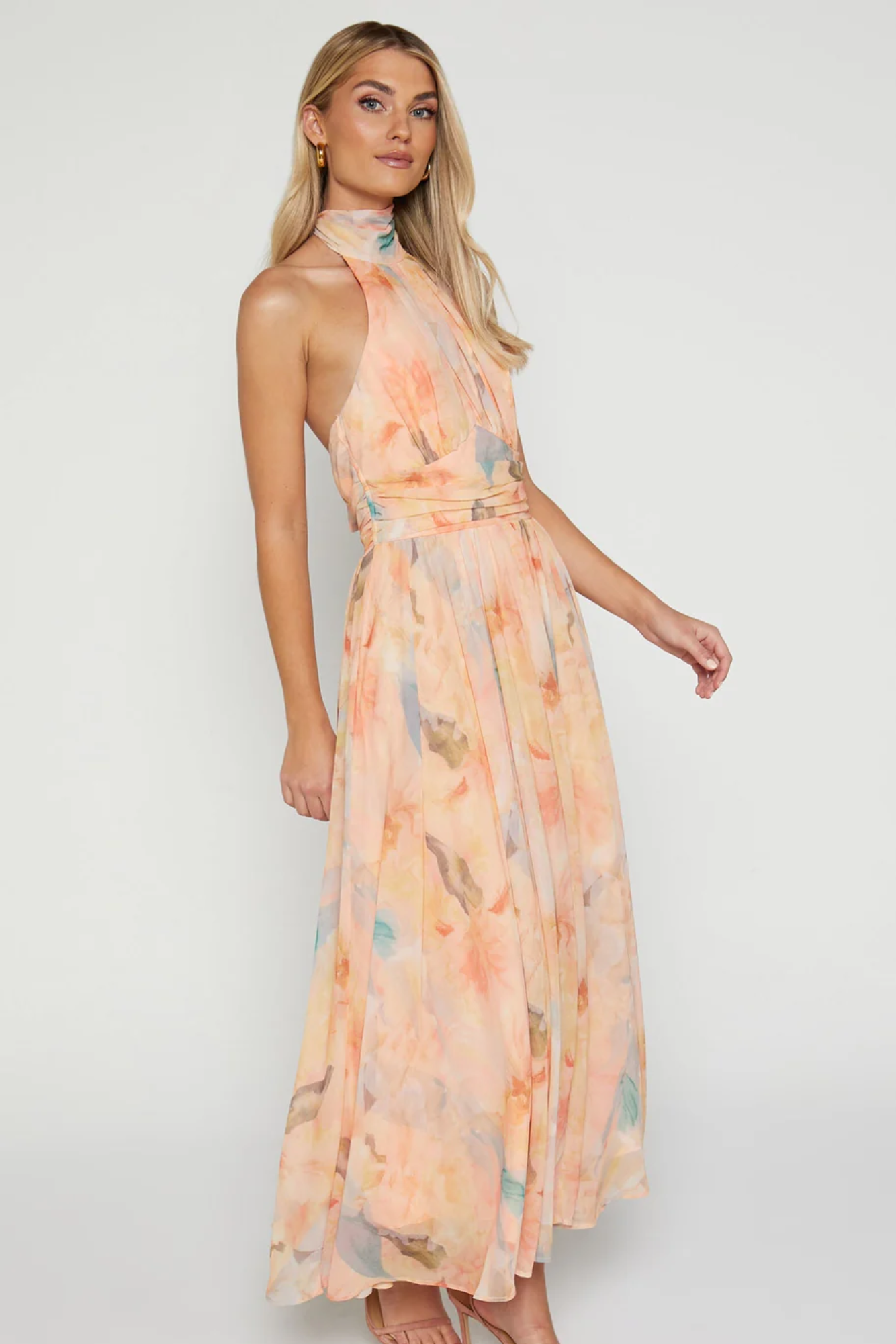 Noevienne – Watercolour print – Halterneck maxi dress-10195576521031-Ivory Ombre