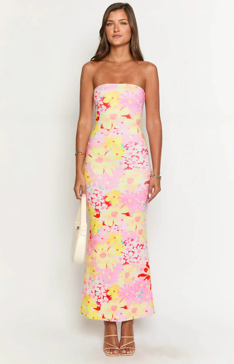 Oristella – Bold floral silhouette – Strapless maxi dress-10174852661575-Ivory Ombre