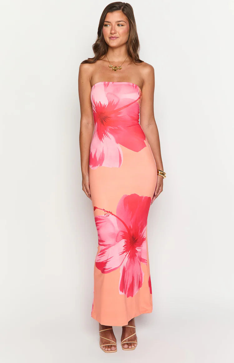 Oristella – Bold floral silhouette – Strapless maxi dress-10174852661575-Ivory Ombre