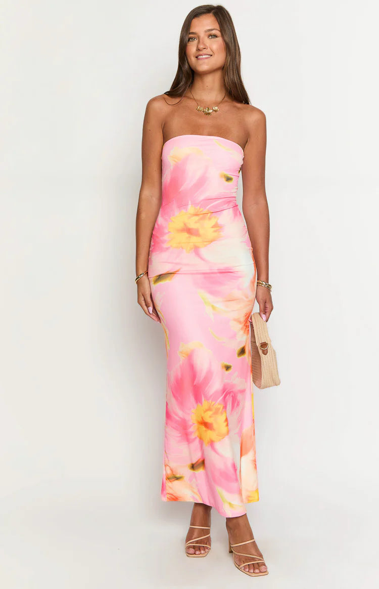 Oristella – Bold floral silhouette – Strapless maxi dress-10174852661575-Ivory Ombre