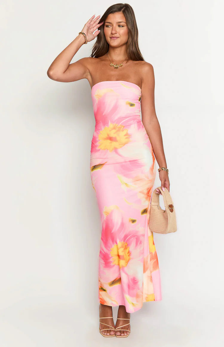 Oristella – Bold floral silhouette – Strapless maxi dress-10174852661575-Ivory Ombre