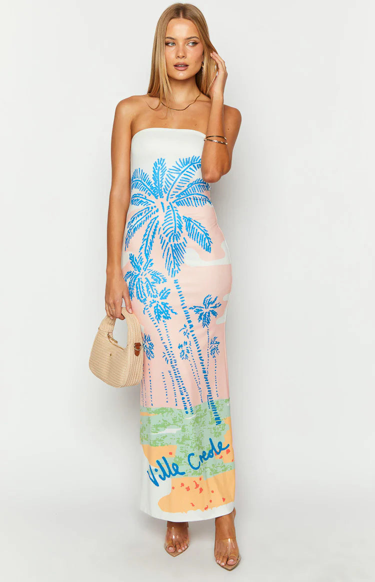 Oristella – Bold floral silhouette – Strapless maxi dress-10174852661575-Ivory Ombre