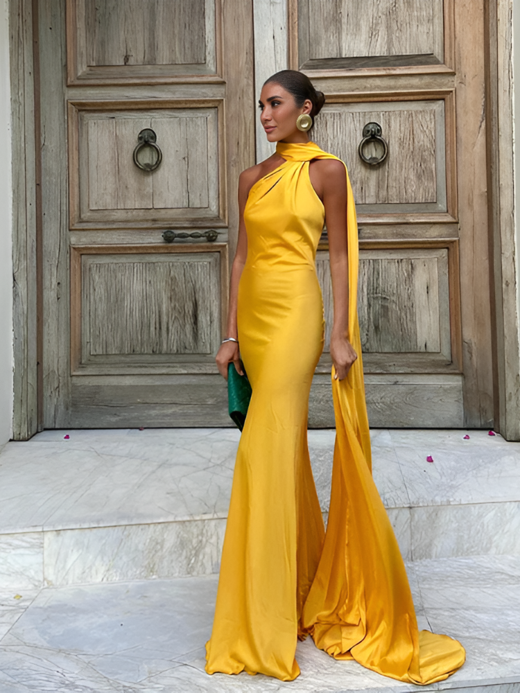 Orlianne – Satin drape – One shoulder mermaid gown-10174863442247-Ivory Ombre