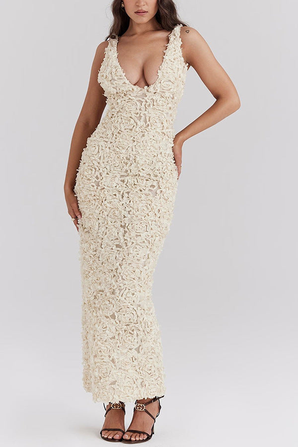 Rosavine – Textured floral – Deep plunge gown-10174858854727-Ivory Ombre