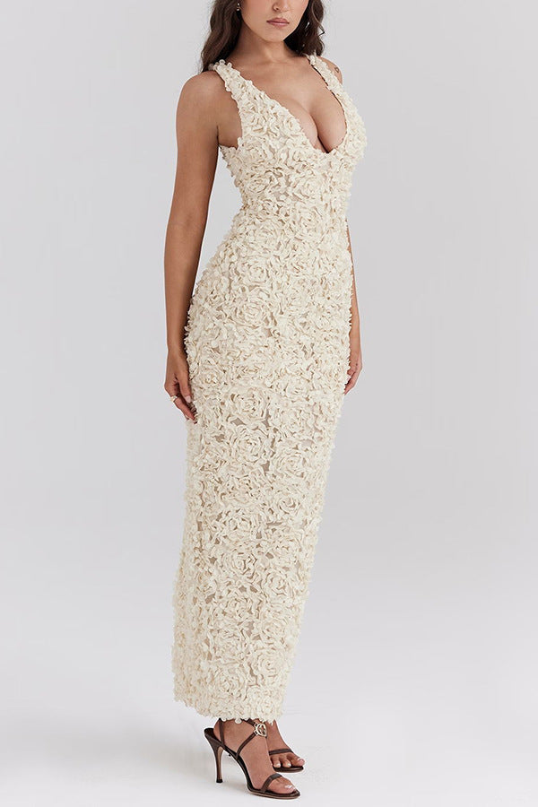 Rosavine – Textured floral – Deep plunge gown-10174858854727-Ivory Ombre
