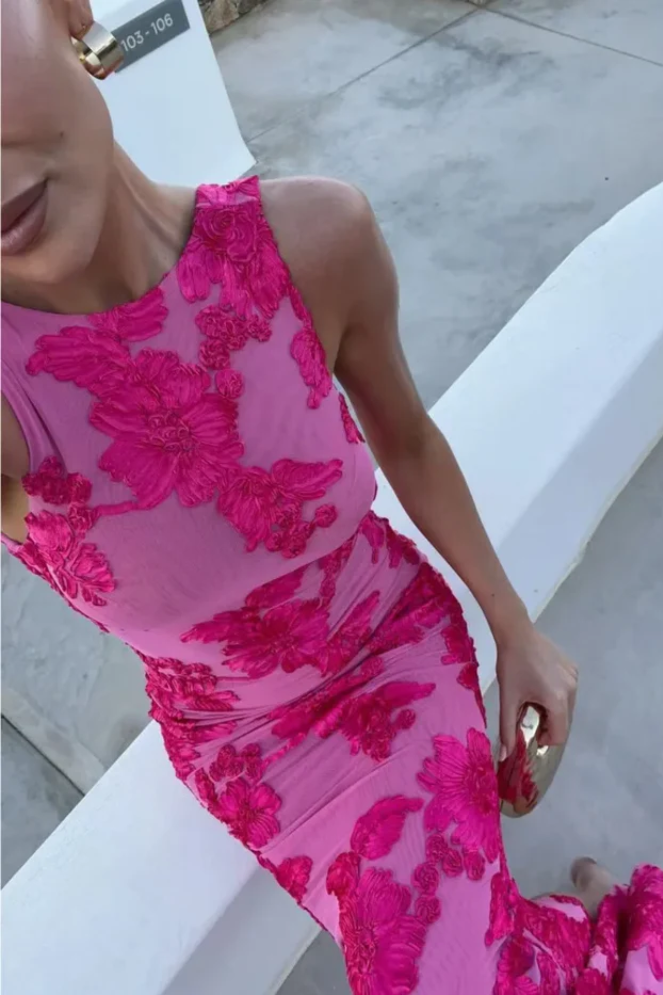 Rose – Fuchsia applique flair – Sleeveless column dress-10174852399431-Ivory Ombre