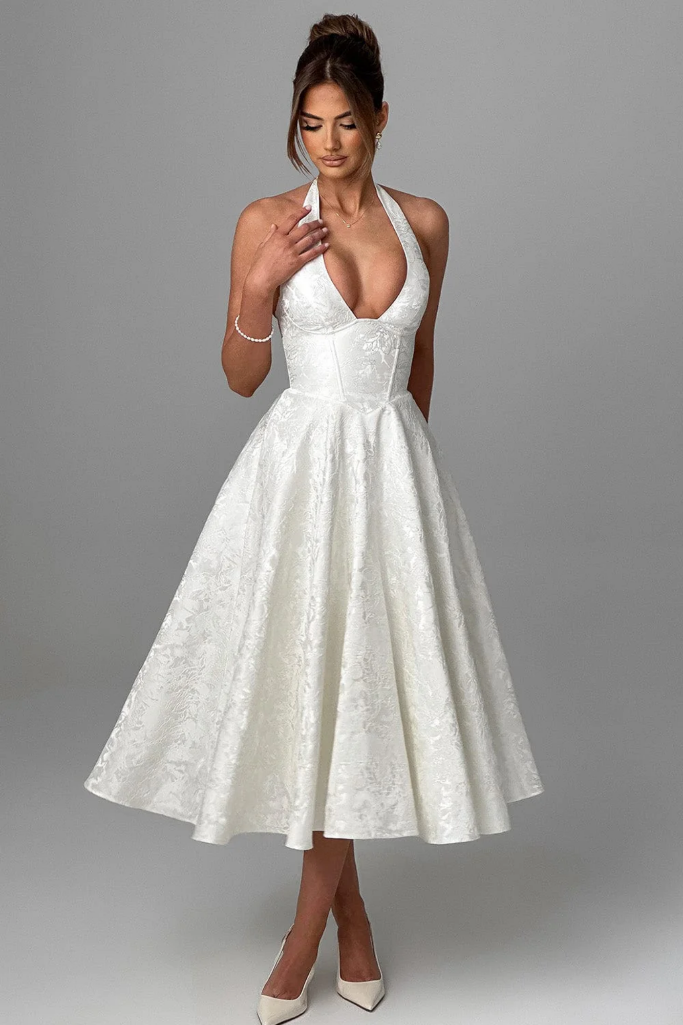 Roseliane – Bow halterneck – Midi evening dress-10174867898695-Ivory Ombre