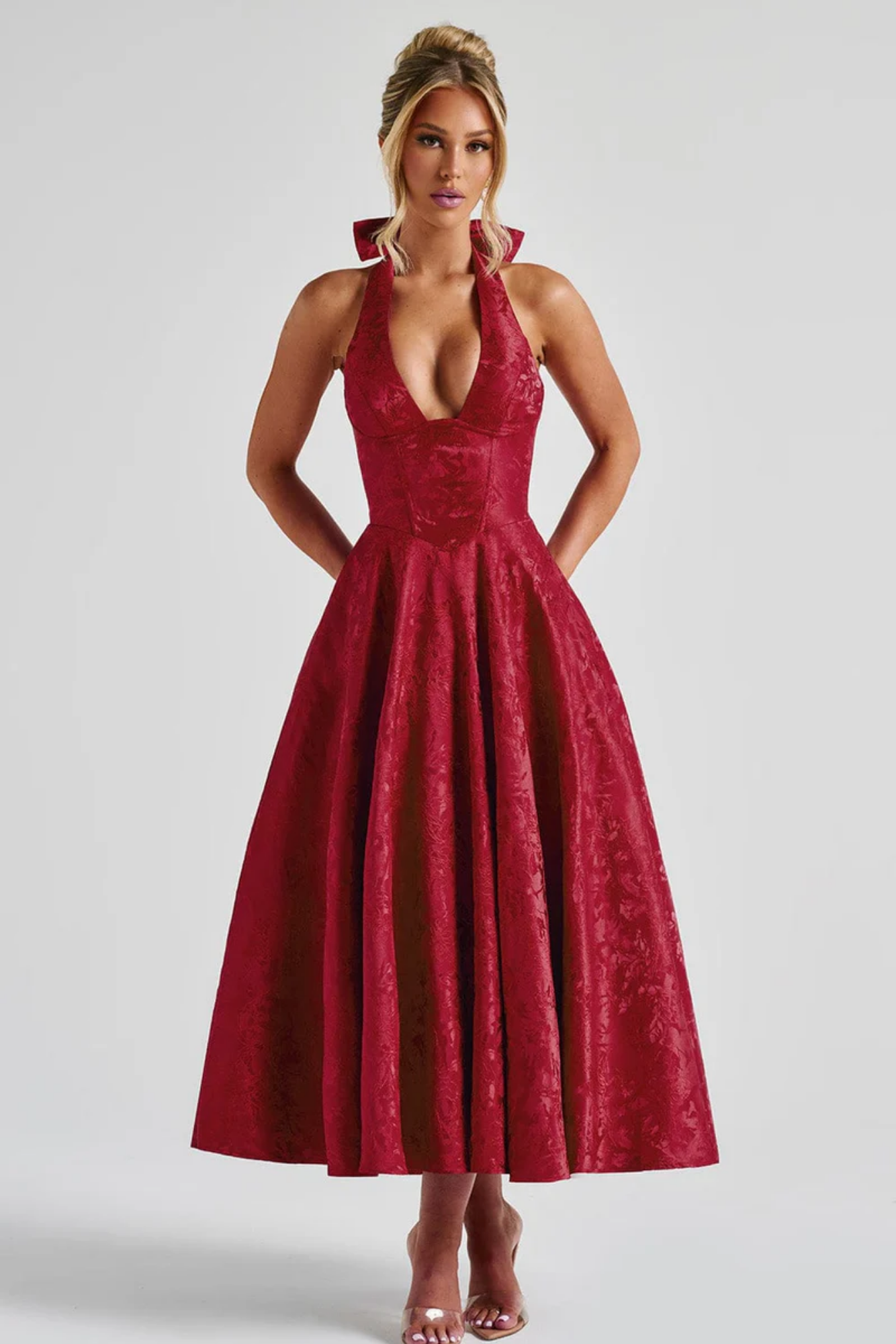 Roseliane – Bow halterneck – Midi evening dress-10174867898695-Ivory Ombre