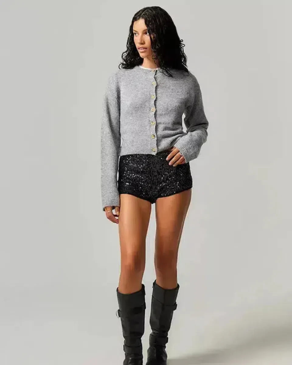 Selora – Sequin details – Velvet party shorts-10174843453767-Ivory Ombre