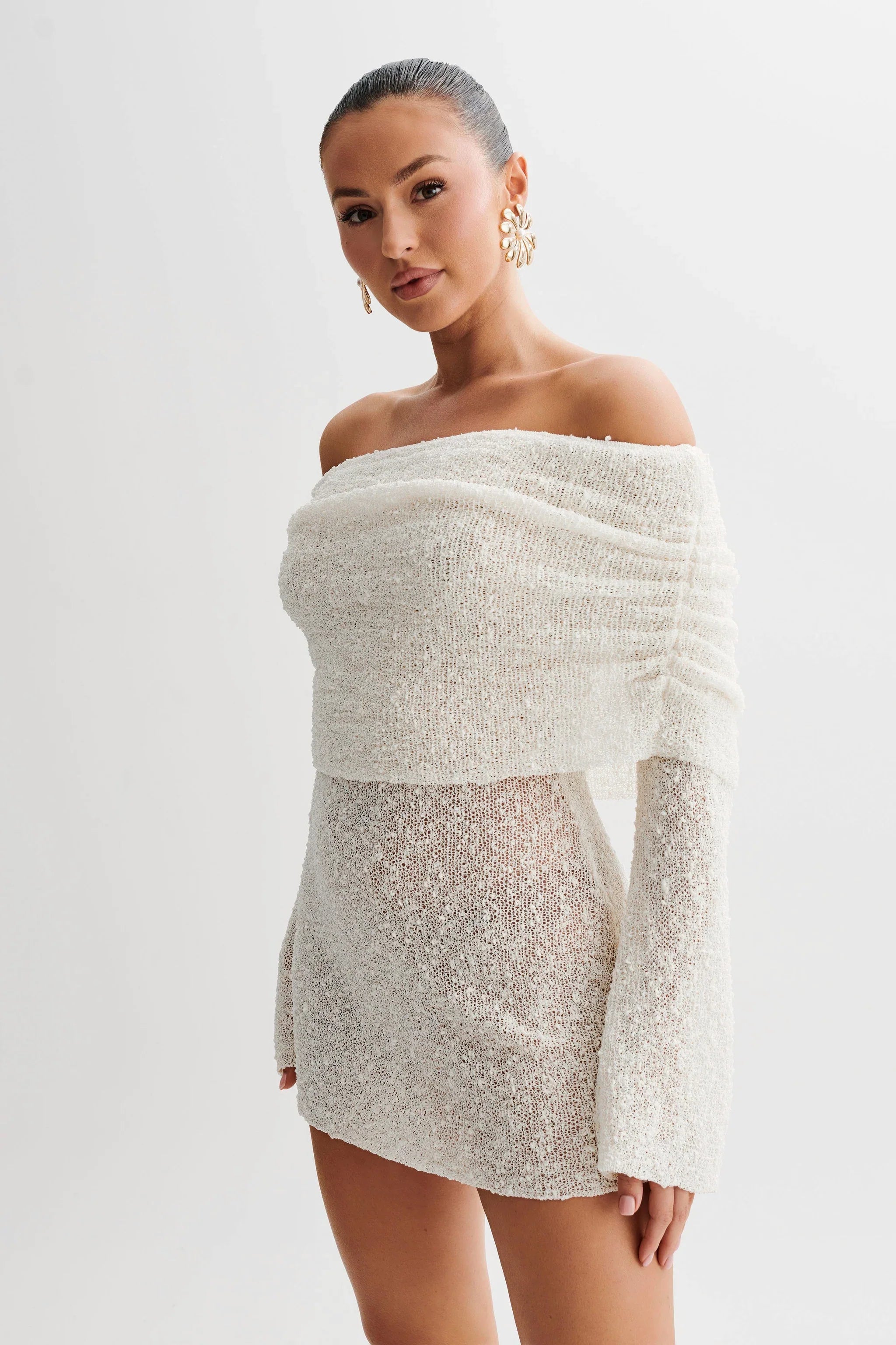 Selvine – Sheer knit – Off-shoulder mini dress-10197523169607-Ivory Ombre
