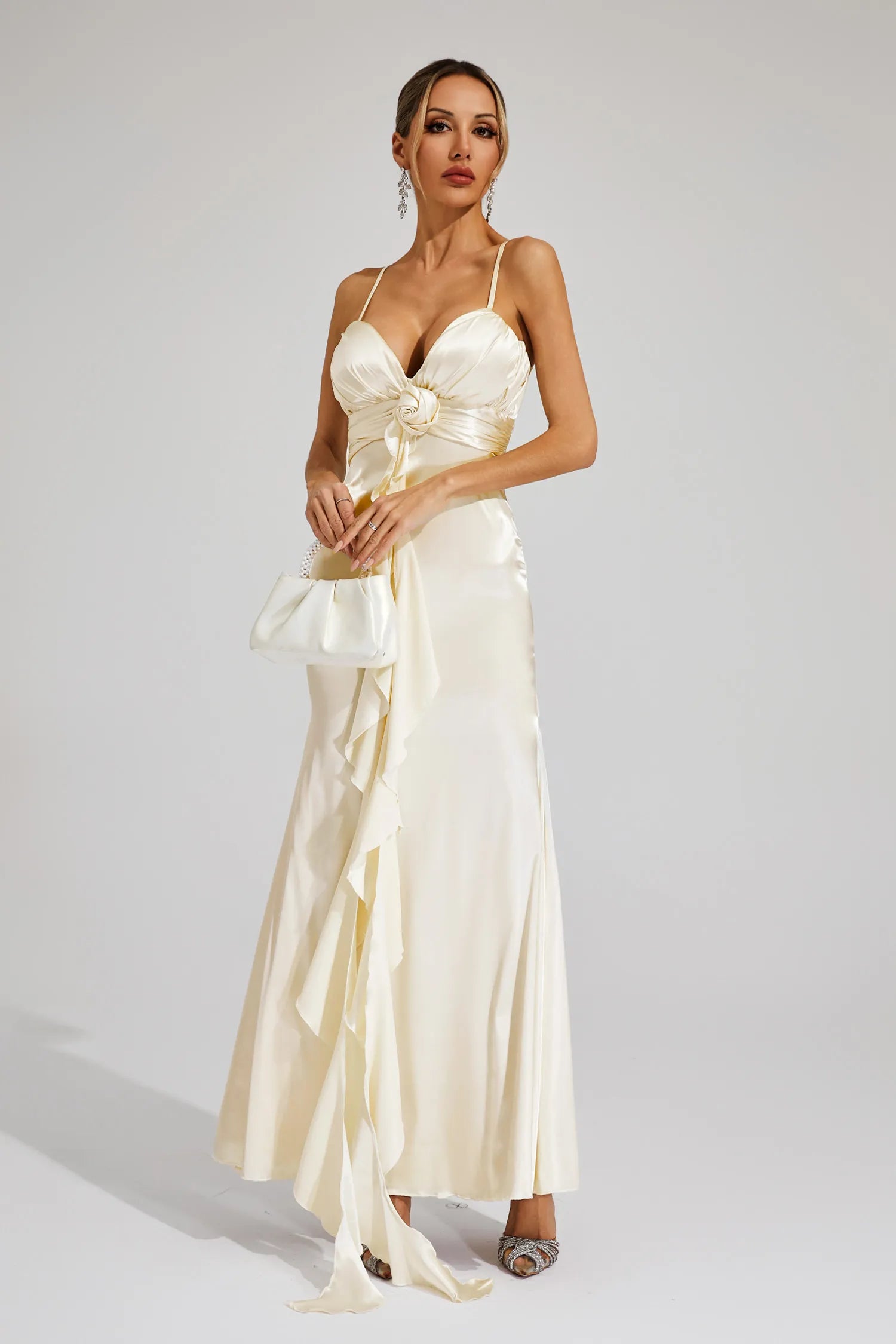 Serelina – Rosette detail – Satin evening gown-10187127062855-Ivory Ombre