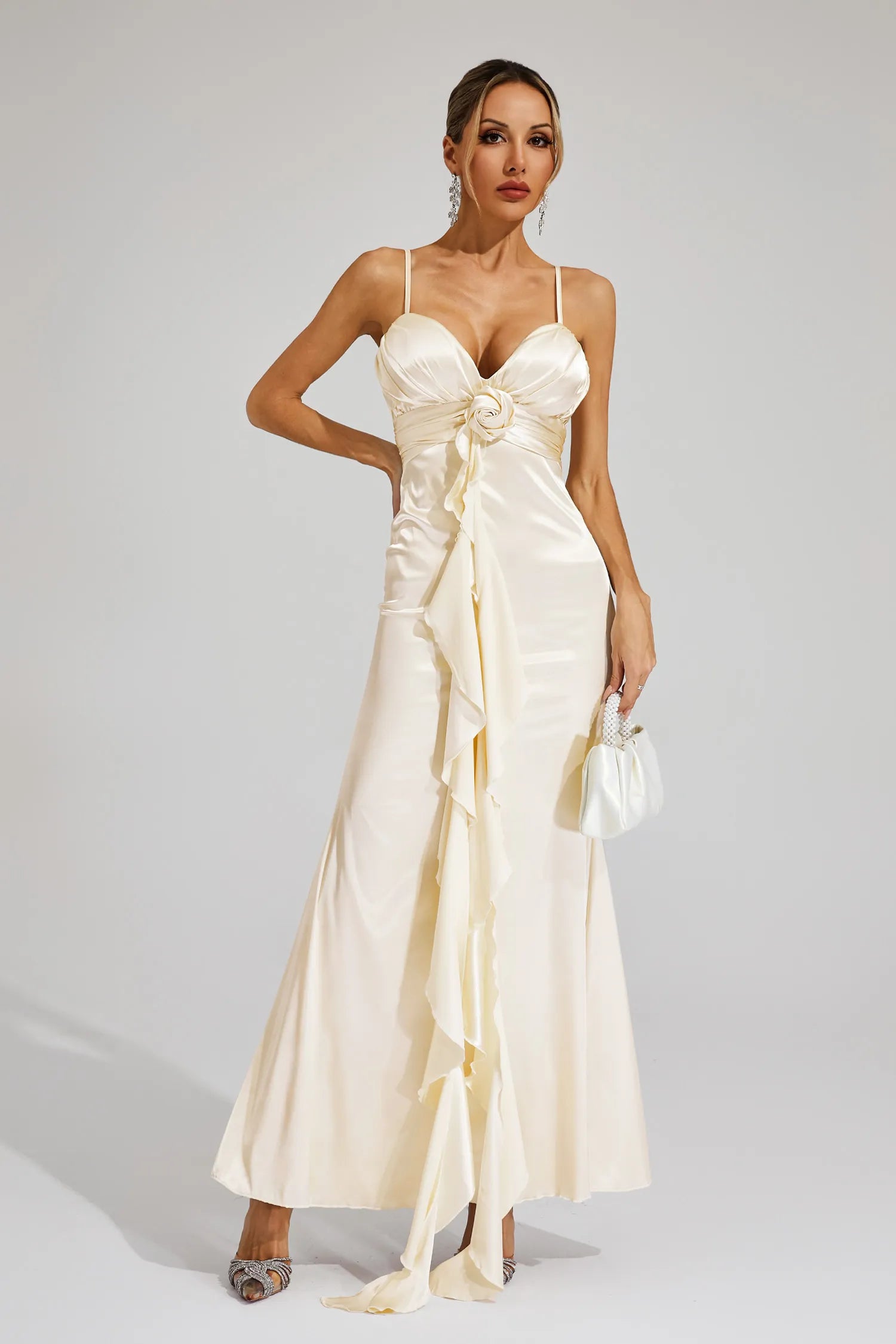 Serelina – Rosette detail – Satin evening gown-10187127062855-Ivory Ombre