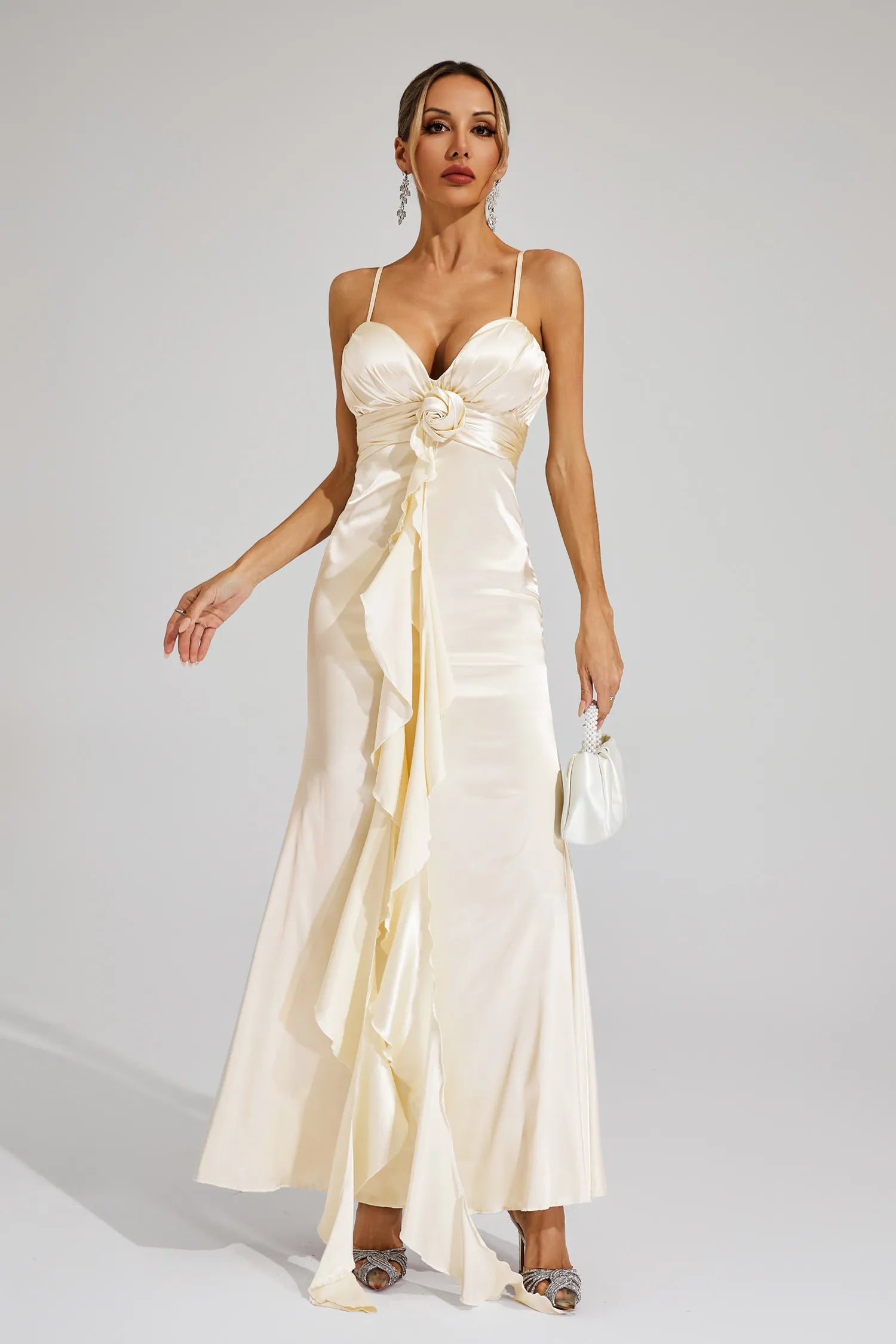 Serelina – Rosette detail – Satin evening gown-10187127062855-Ivory Ombre