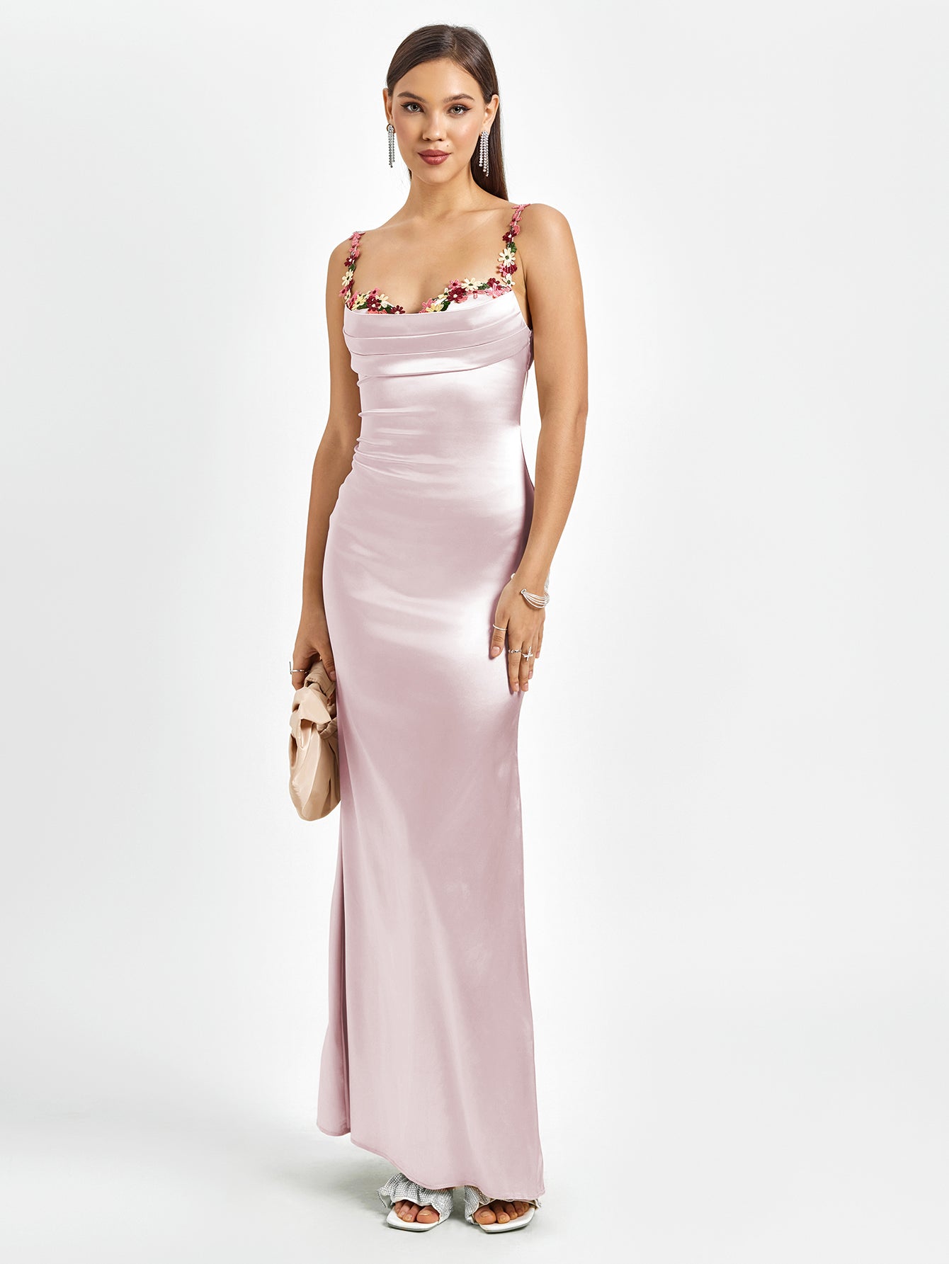 Solennea – Floral strap detail – Satin maxi dress-10174851514695-Ivory Ombre