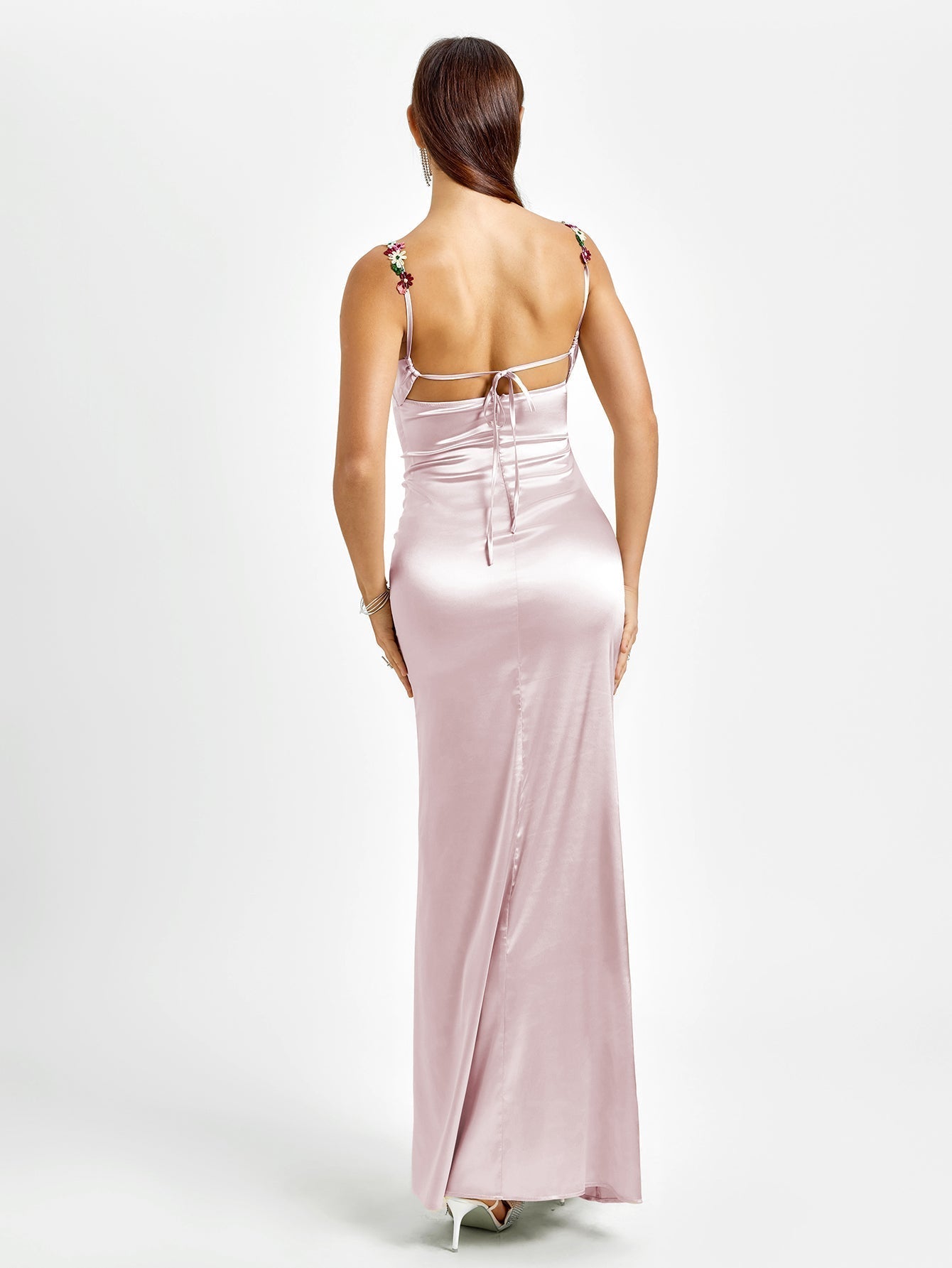 Solennea – Floral strap detail – Satin maxi dress-10174851514695-Ivory Ombre