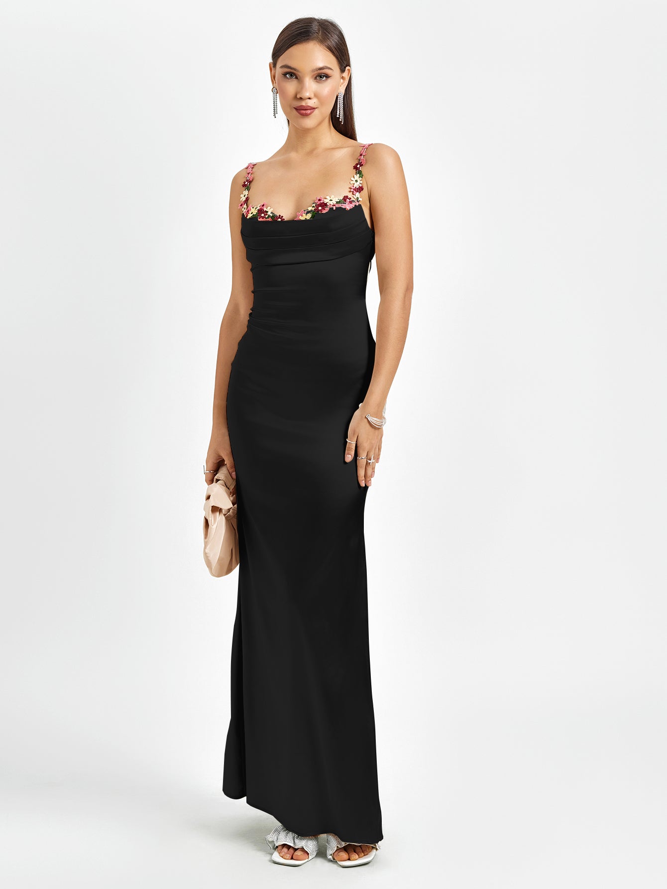 Solennea – Floral strap detail – Satin maxi dress-10174851514695-Ivory Ombre