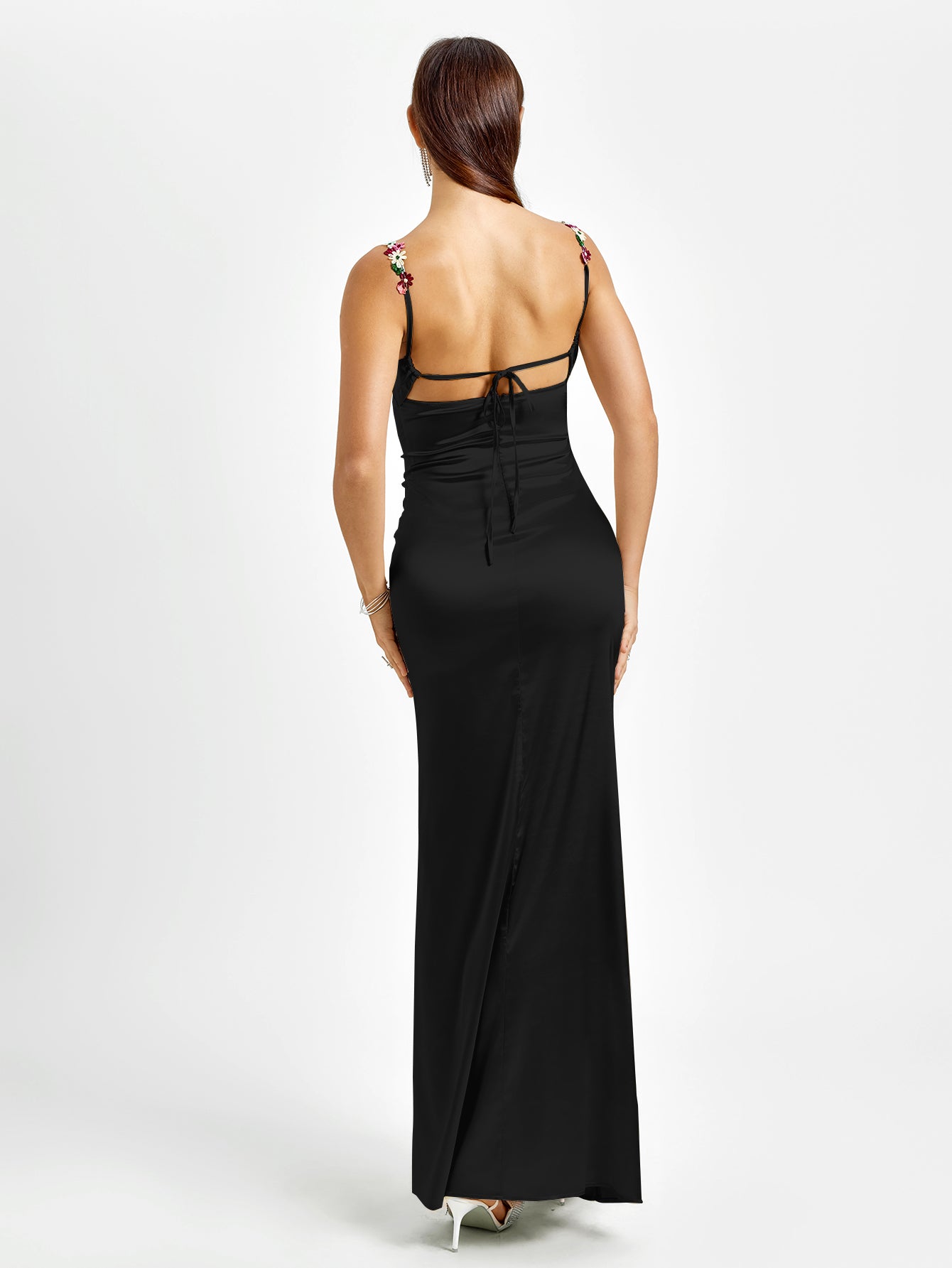Solennea – Floral strap detail – Satin maxi dress-10174851514695-Ivory Ombre