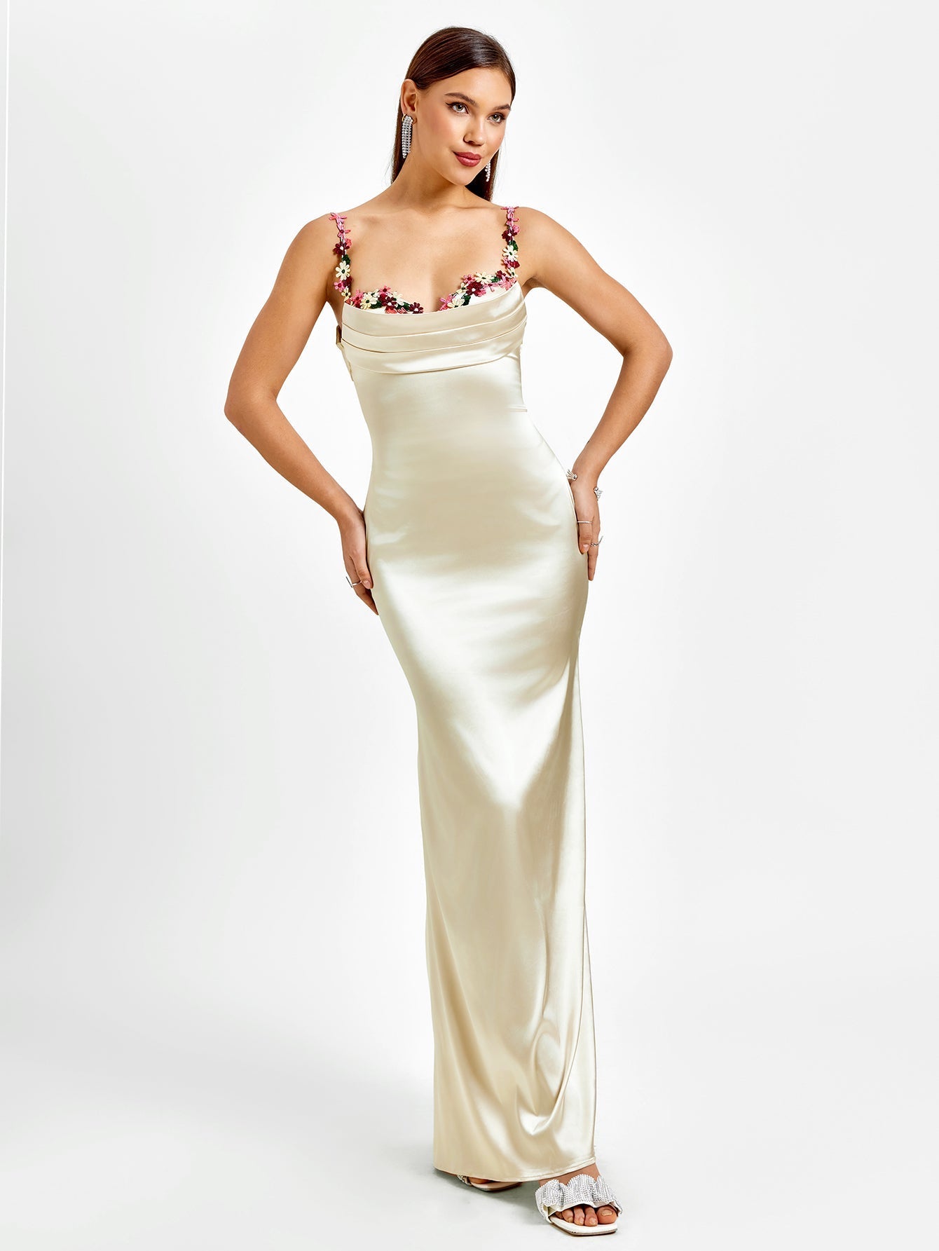 Solennea – Floral strap detail – Satin maxi dress-10174851514695-Ivory Ombre