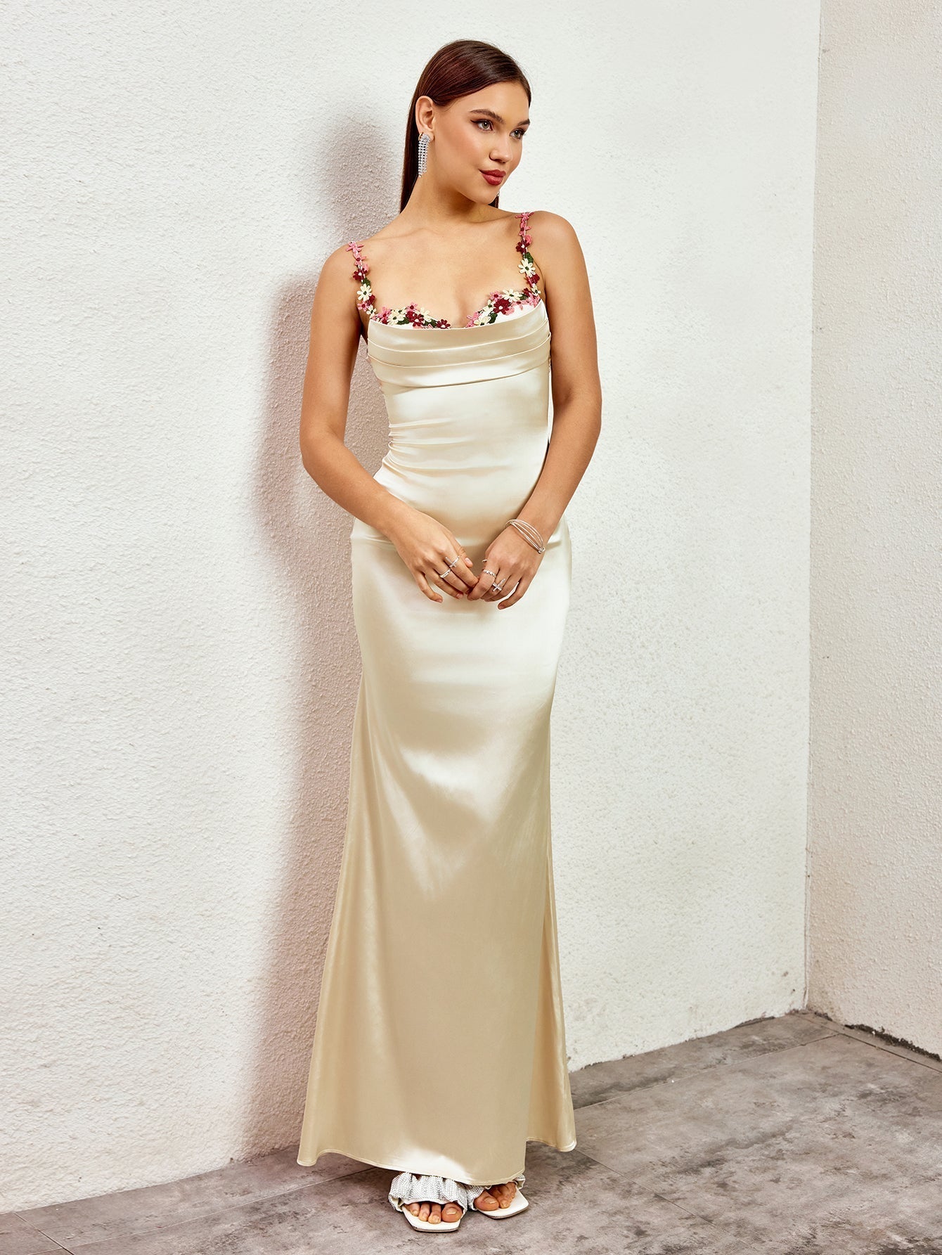 Solennea – Floral strap detail – Satin maxi dress-10174851514695-Ivory Ombre