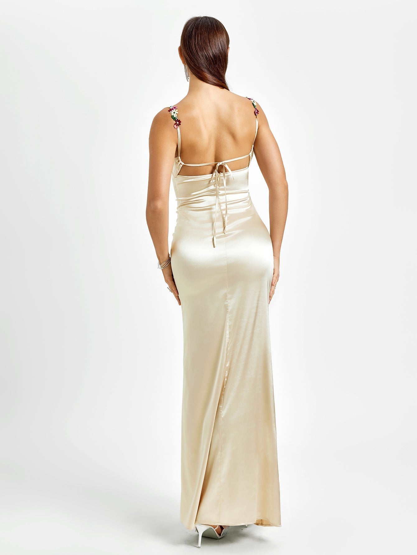 Solennea – Floral strap detail – Satin maxi dress-10174851514695-Ivory Ombre