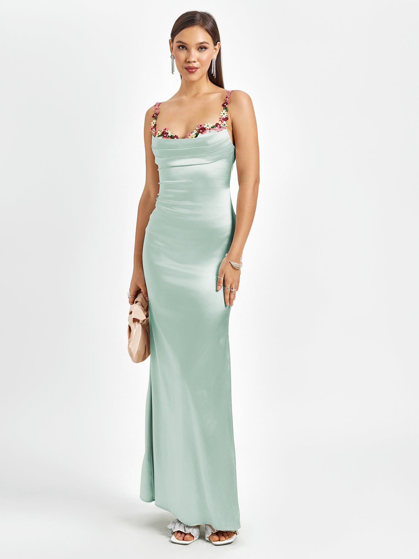 Solennea – Floral strap detail – Satin maxi dress-10174851514695-Ivory Ombre