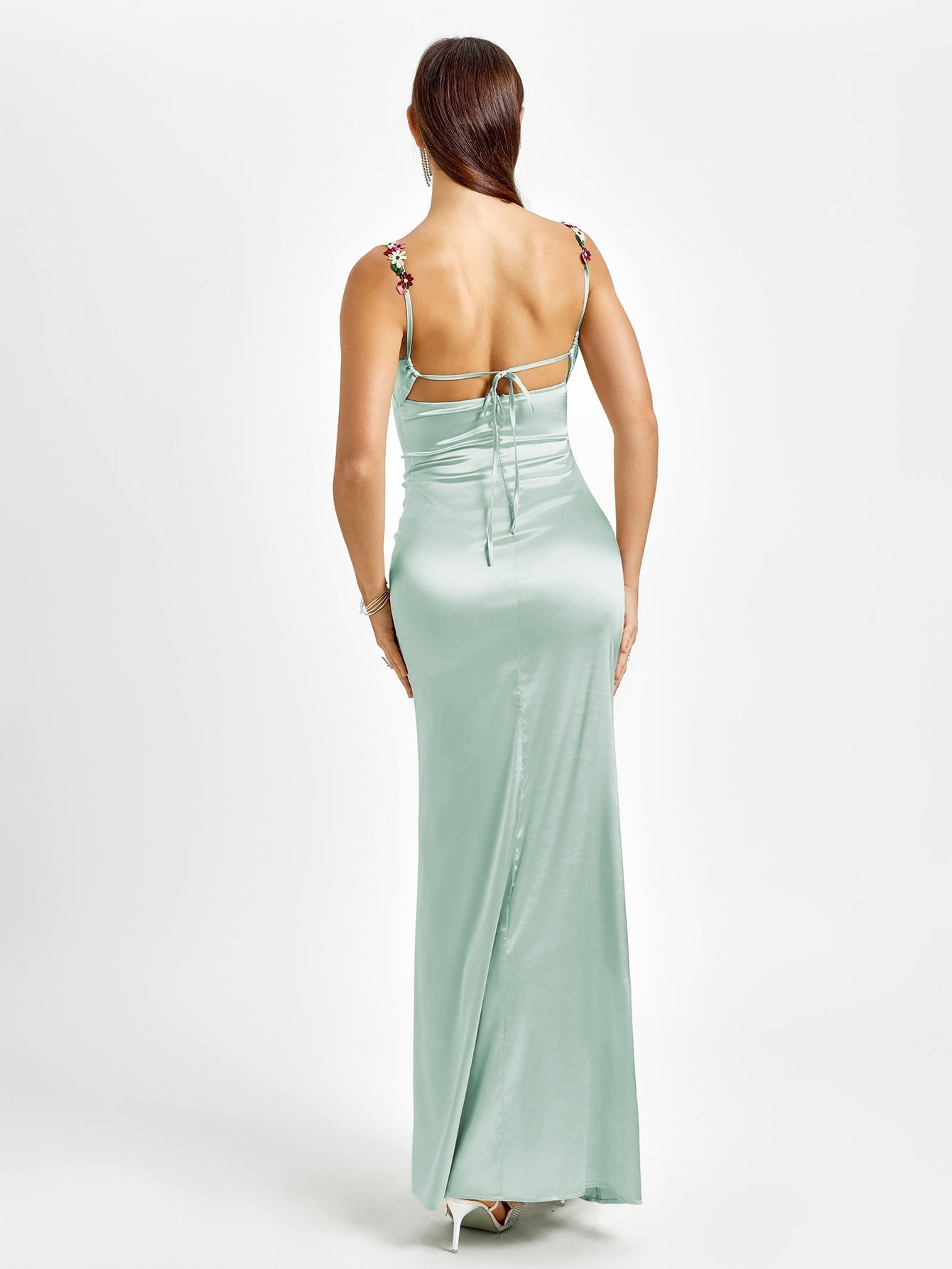 Solennea – Floral strap detail – Satin maxi dress-10174851514695-Ivory Ombre